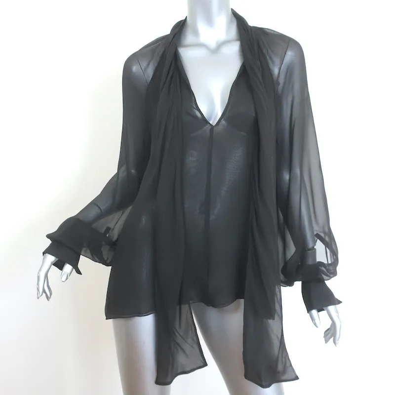 Oscar de la Renta Blouse en Chiffon à Col Noué Marron Foncé Taille 6 Haut à Manches Longues
