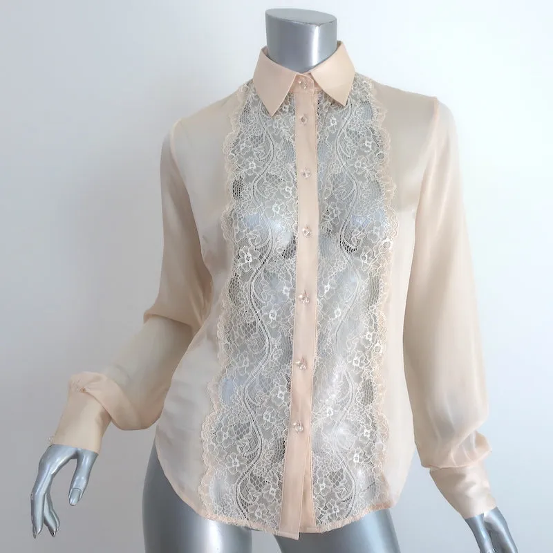Peter Soronen Blouse Beige en Soie à Panneaux de Dentelle Taille 6 Haut à Manches Longues