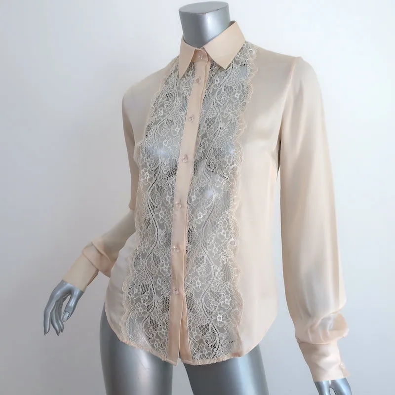 Peter Soronen Blouse Beige en Soie à Panneaux de Dentelle Taille 6 Haut à Manches Longues