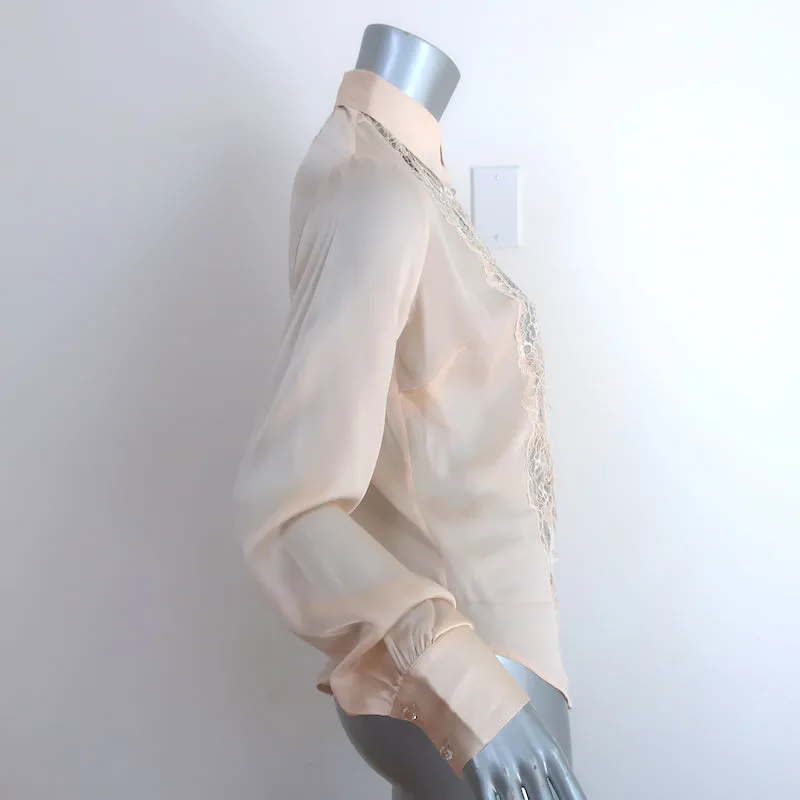 Peter Soronen Blouse Beige en Soie à Panneaux de Dentelle Taille 6 Haut à Manches Longues