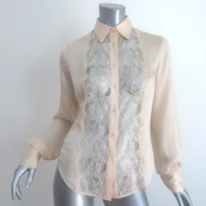 Peter Soronen Blouse Beige Lace-Paneled Silk Size 6 Long Sleeve Top