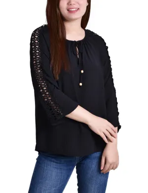 Petite 3/4 Sleeve Crochet Detail Blouse