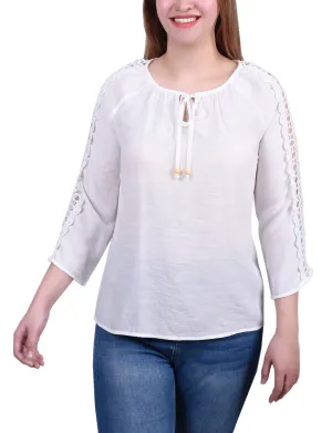Petite 3/4 Sleeve Crochet Detail Blouse