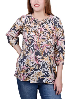 Petite 3/4 Sleeve Drawstring Neck Blouse