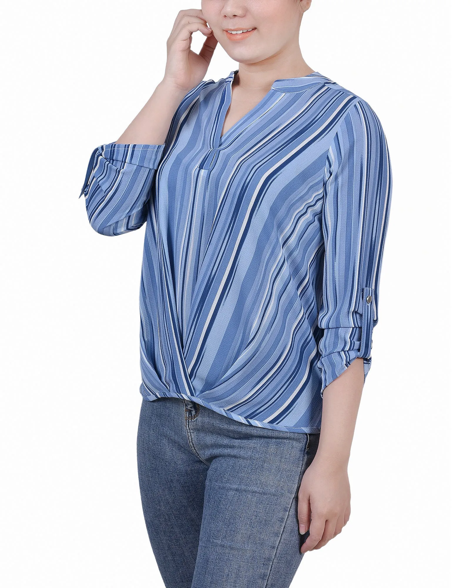 Blouse Petite 3/4 Manches à Col Mandarin avec Plis Devant