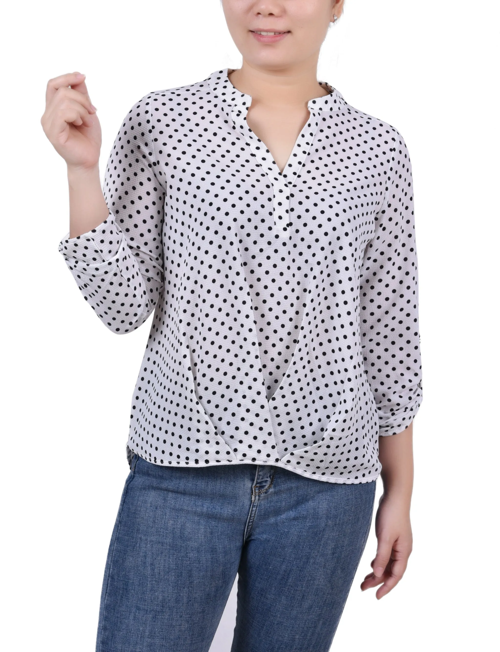 Blouse Petite 3/4 Manches à Col Mandarin avec Plis Devant