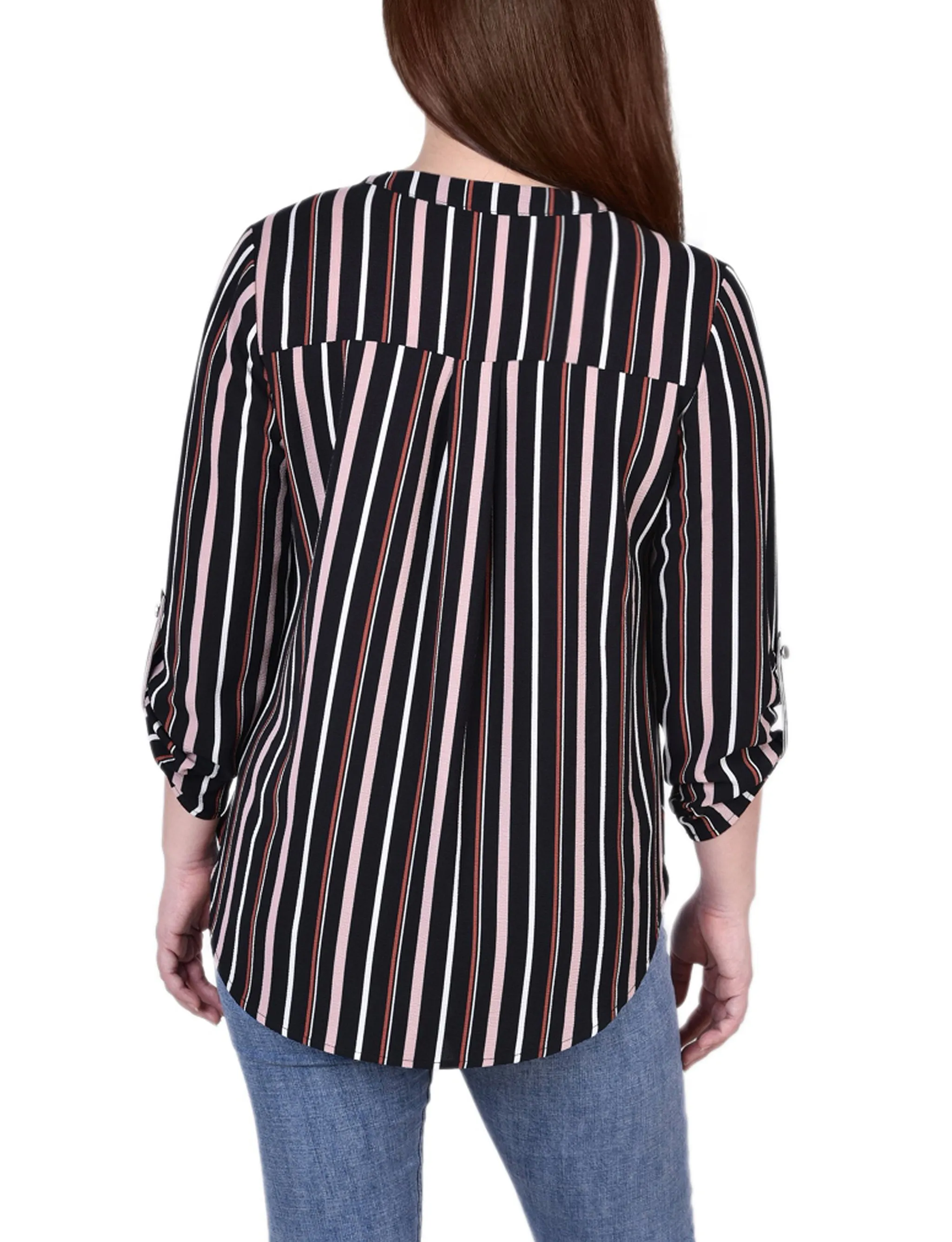 Blouse Petite 3/4 Manches à Col Mandarin avec Plis Devant