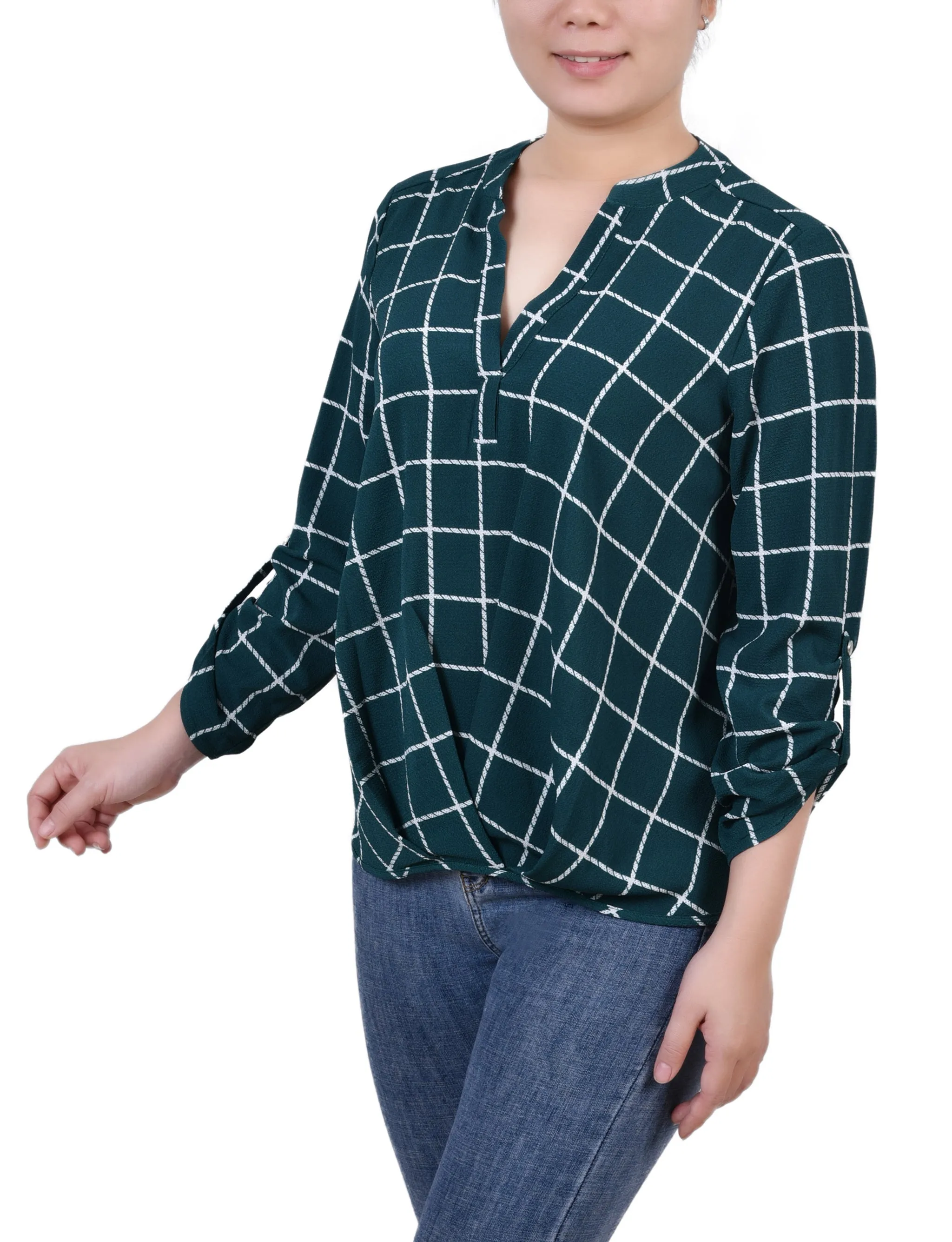 Blouse Petite 3/4 Manches à Col Mandarin avec Plis Devant