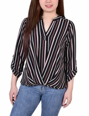 Petite 3/4 Sleeve Mandarin Collar Blouse With Front Pleats