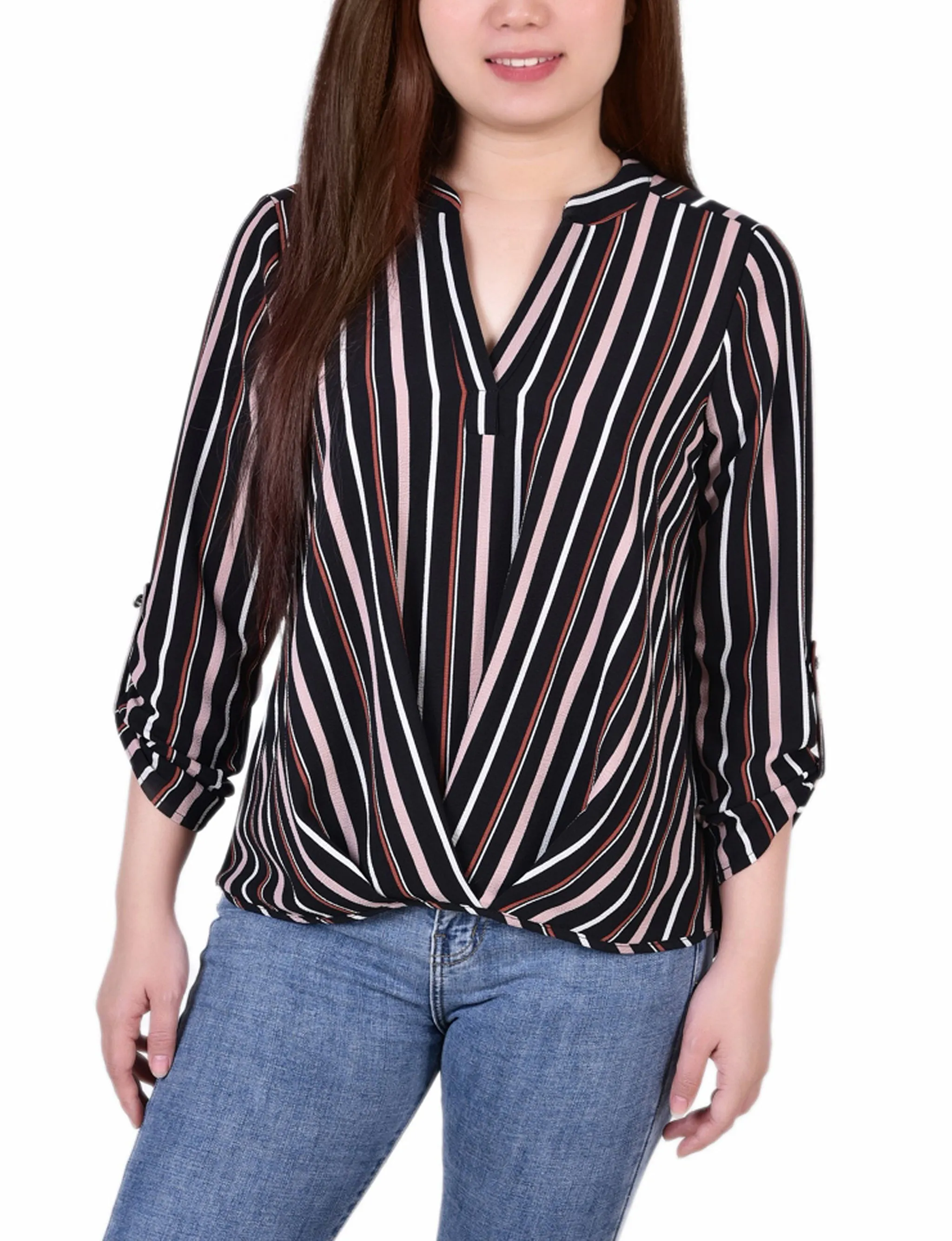 Blouse Petite 3/4 Manches à Col Mandarin avec Plis Devant