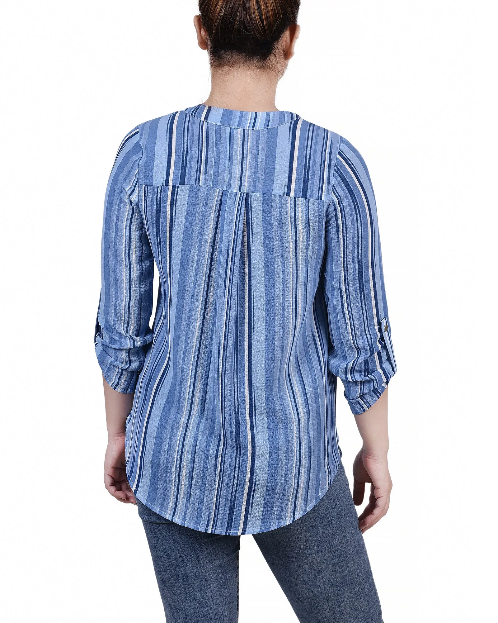 Blouse Petite 3/4 Manches à Col Mandarin avec Plis Devant
