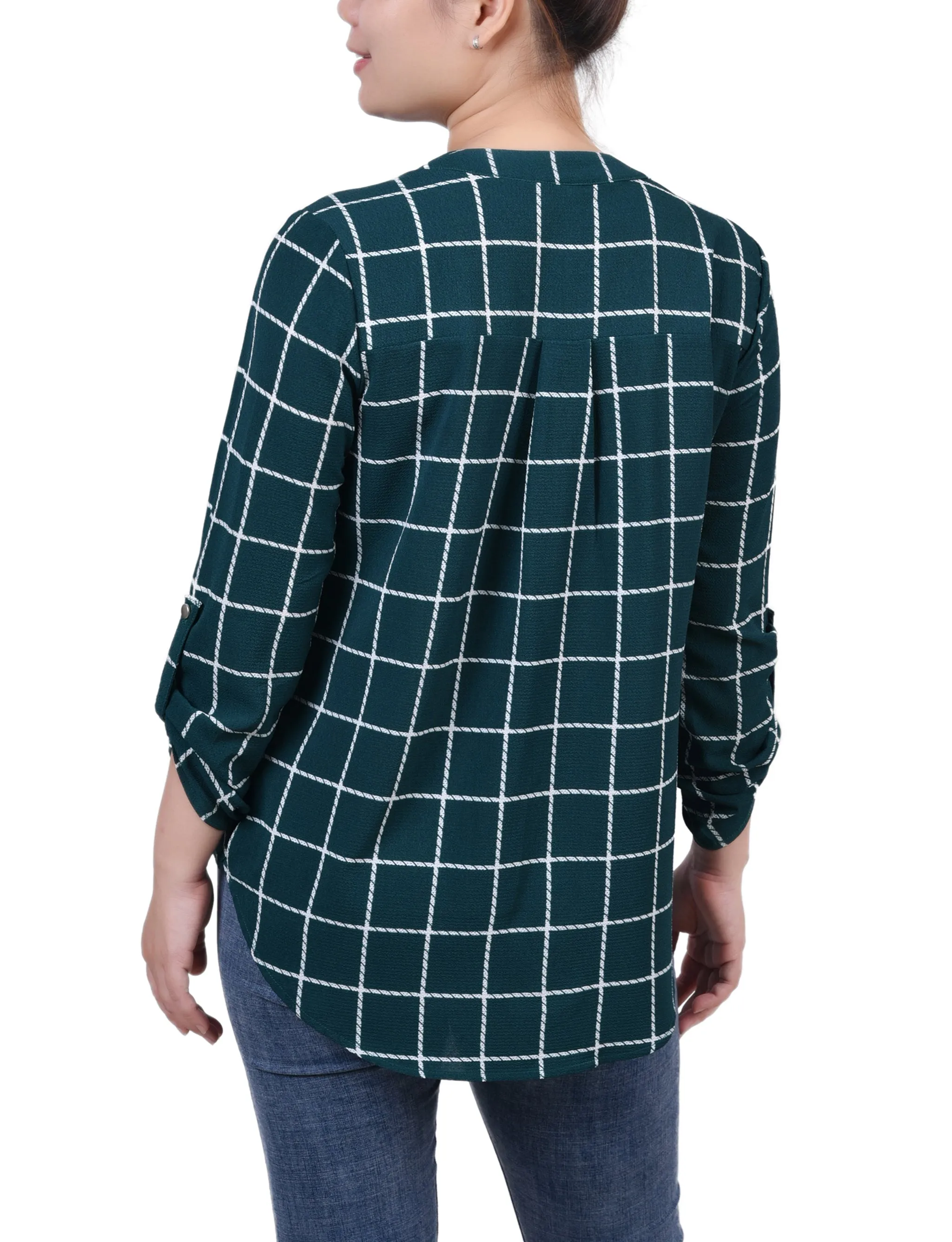 Blouse Petite 3/4 Manches à Col Mandarin avec Plis Devant