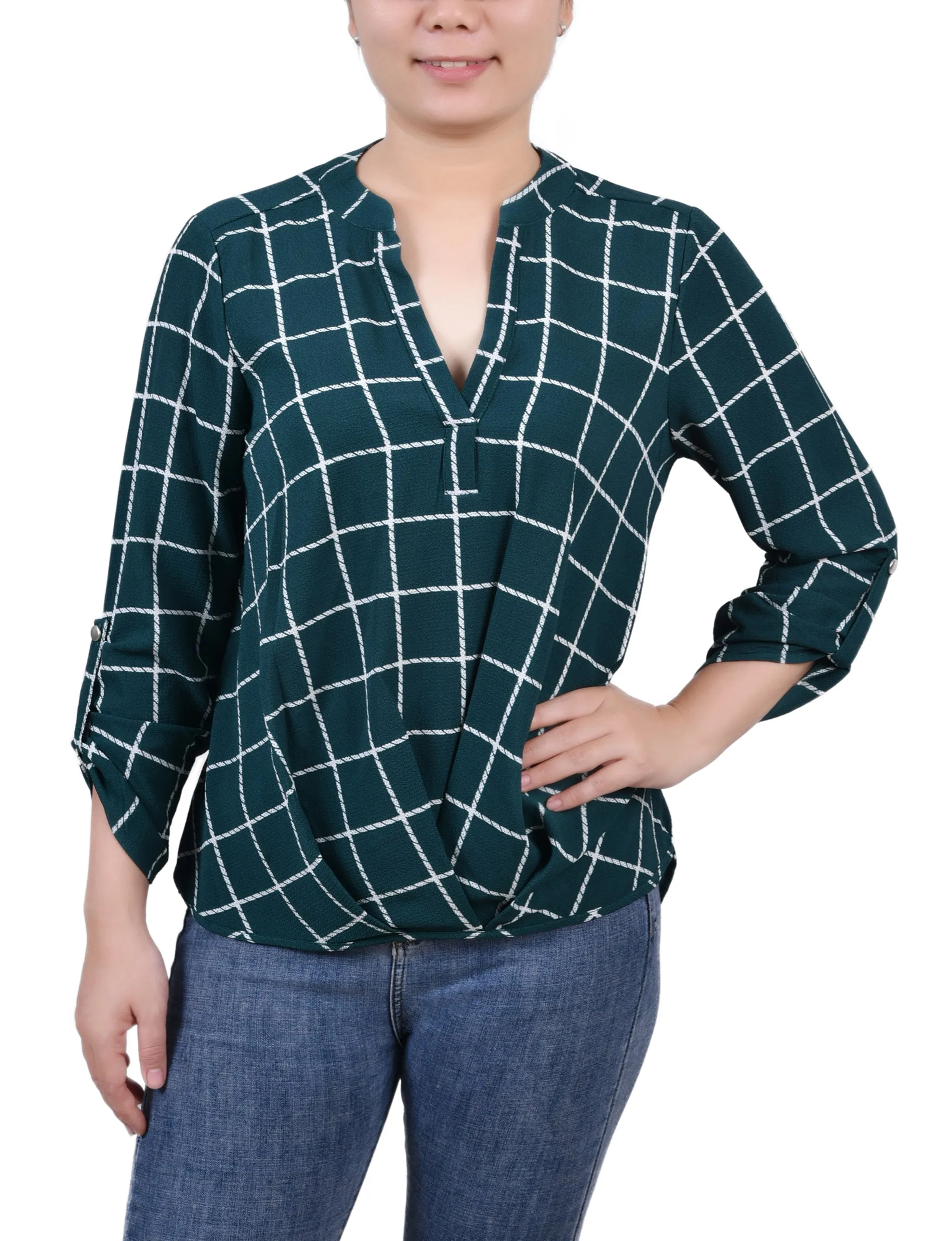 Blouse Petite 3/4 Manches à Col Mandarin avec Plis Devant
