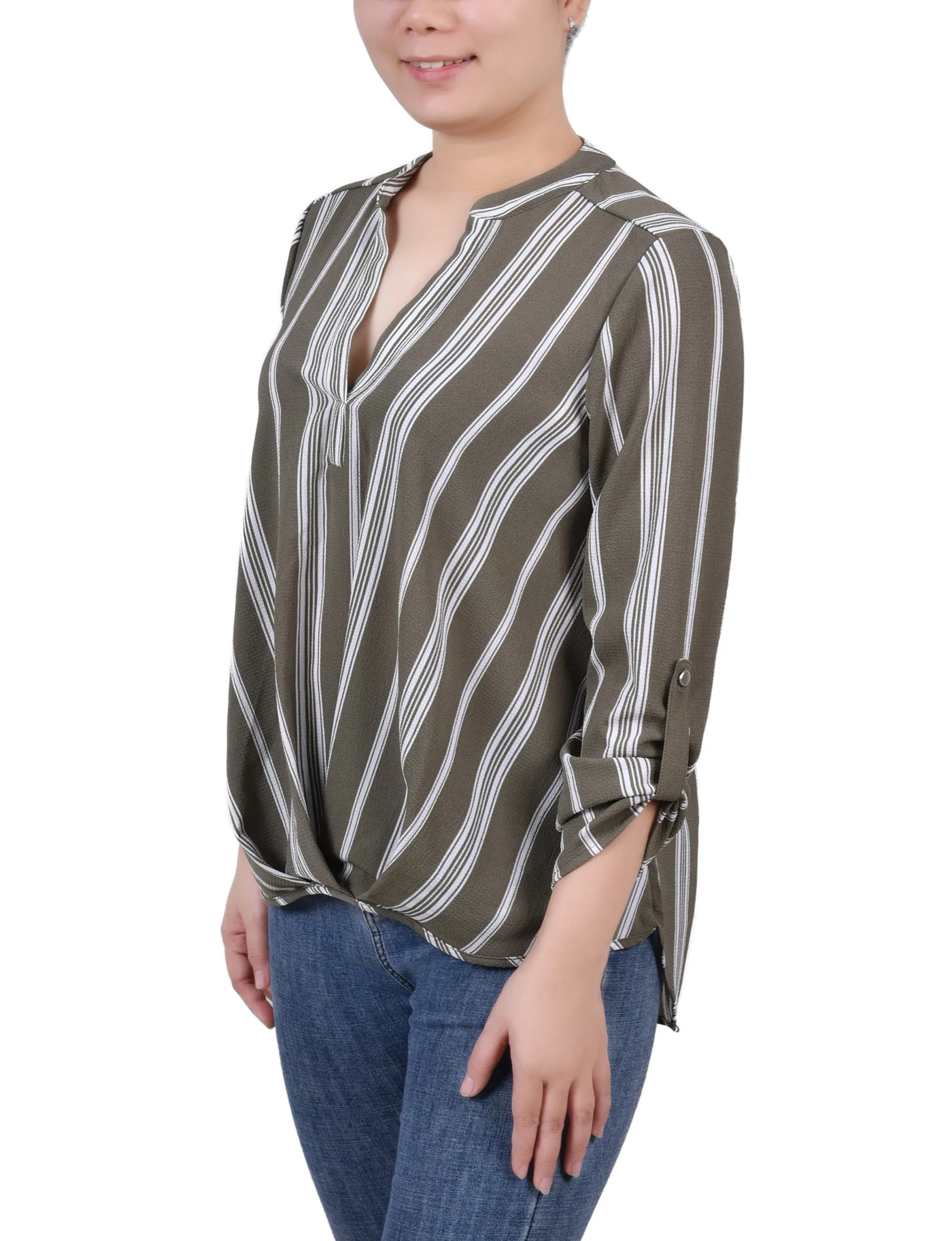 Blouse Petite 3/4 Manches à Col Mandarin avec Plis Devant
