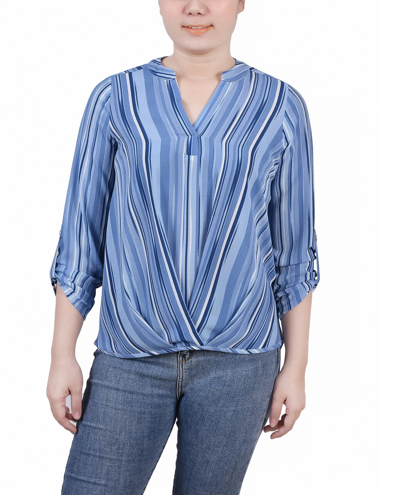 Blouse Petite 3/4 Manches à Col Mandarin avec Plis Devant