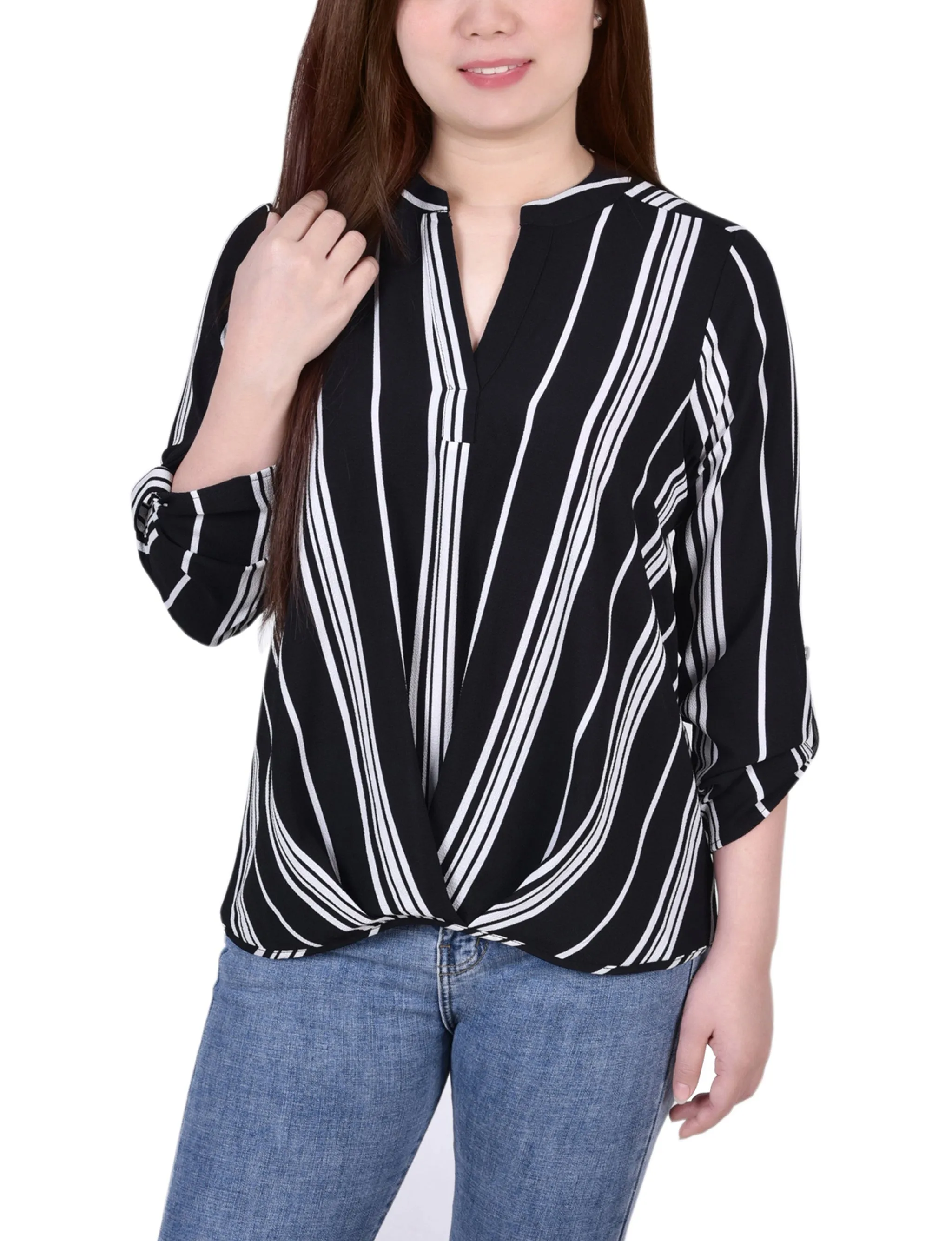 Blouse Petite 3/4 Manches à Col Mandarin avec Plis Devant