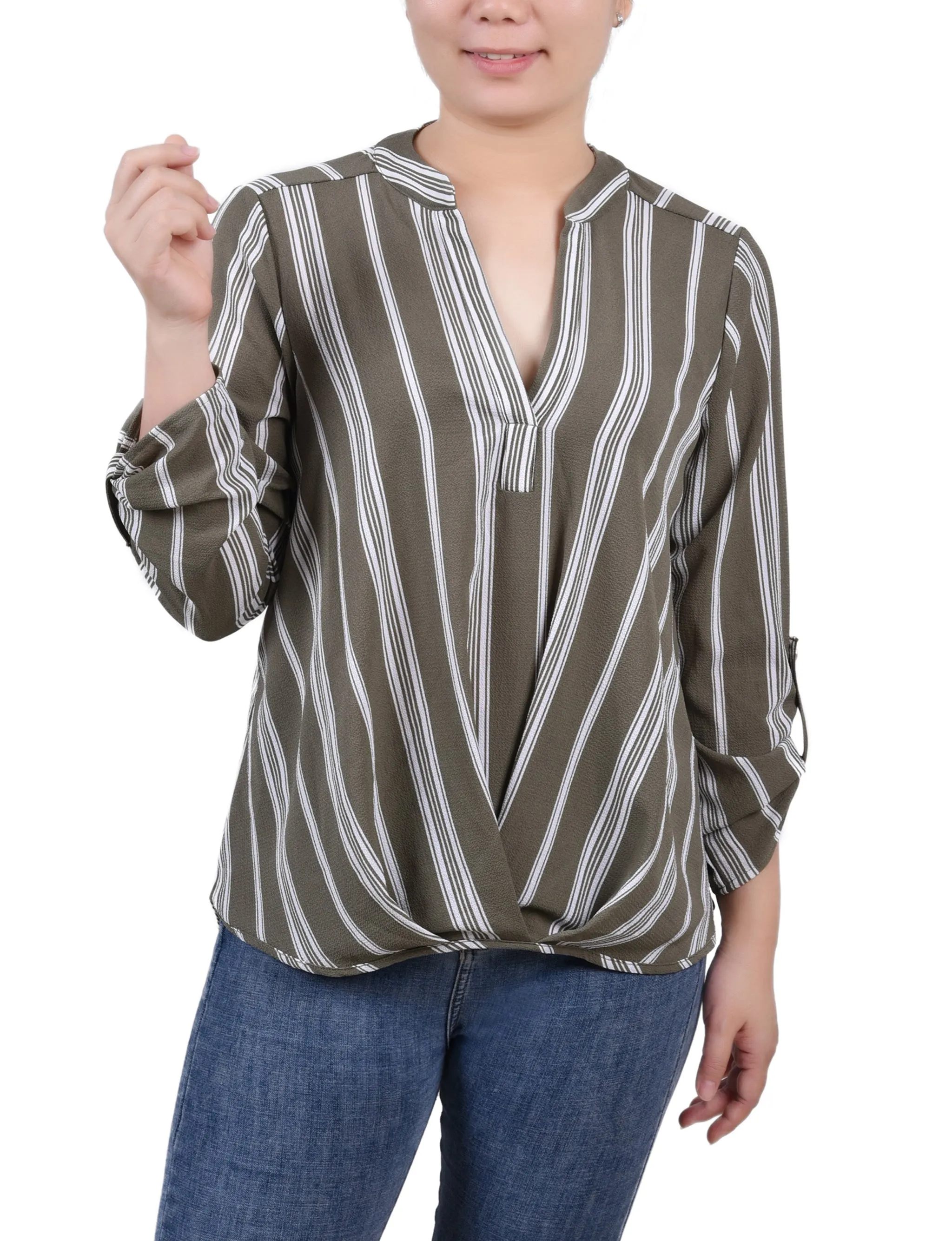 Blouse Petite 3/4 Manches à Col Mandarin avec Plis Devant