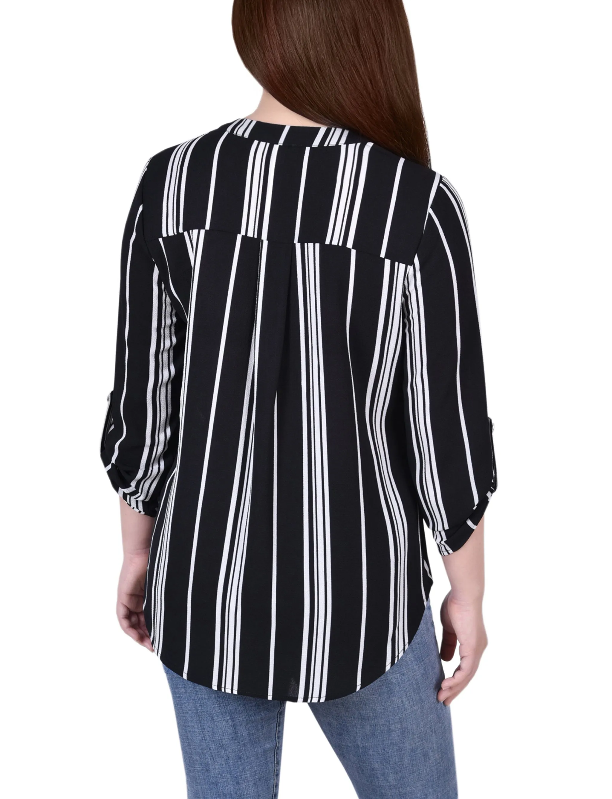 Blouse Petite 3/4 Manches à Col Mandarin avec Plis Devant