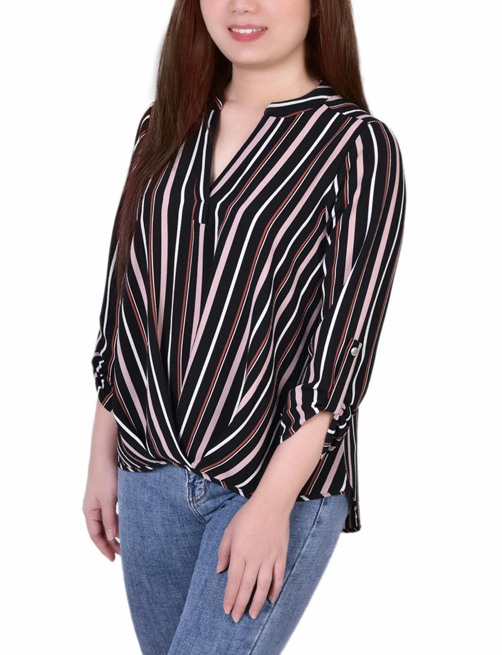 Blouse Petite 3/4 Manches à Col Mandarin avec Plis Devant
