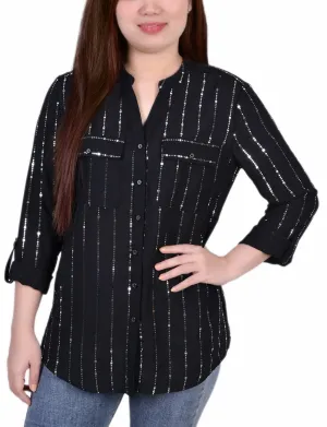 Petite 3/4 Sleeve Roll Tab Blouse With Metallic Details