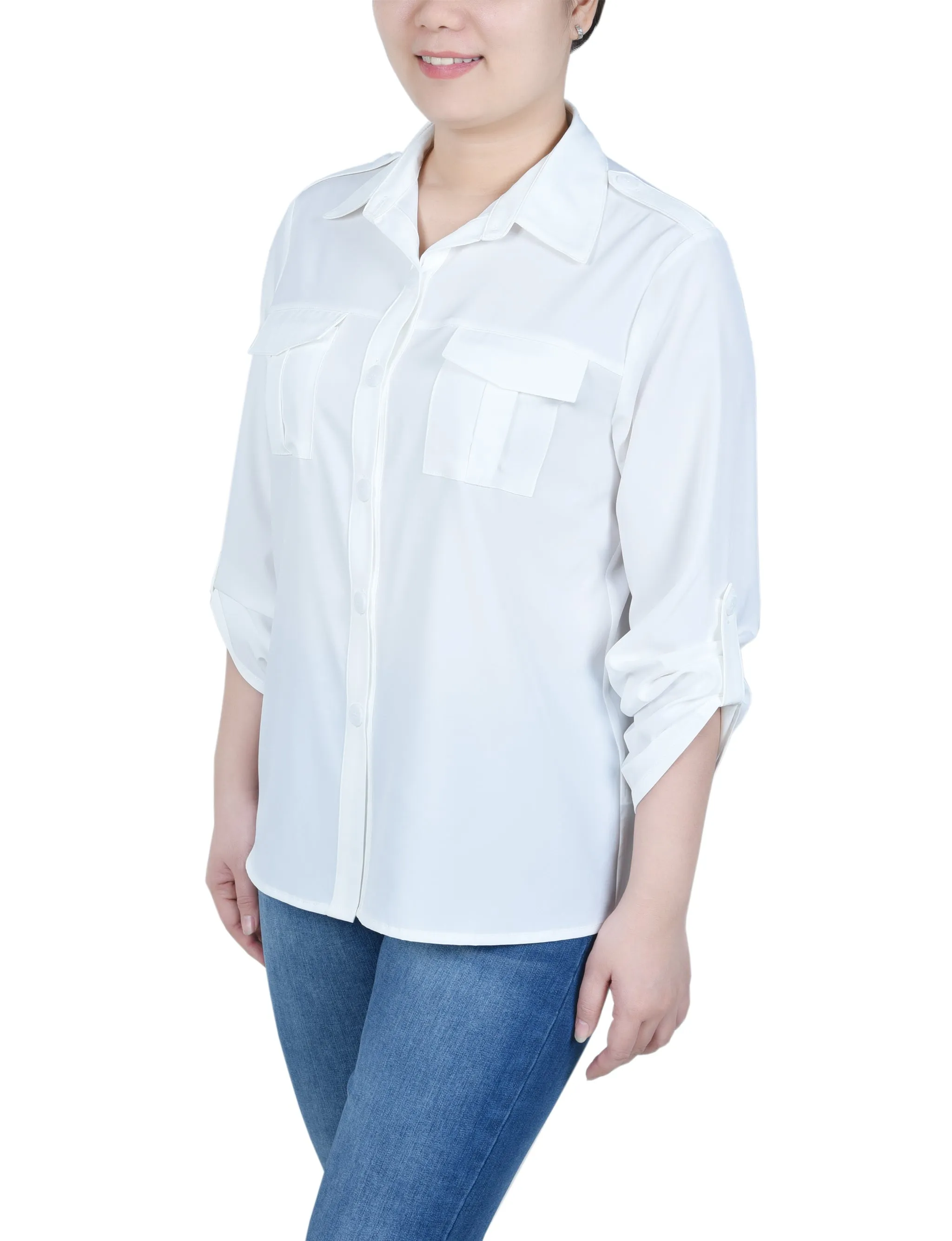 Blouse Petite à Manches 3/4 avec Boutons Roulés
