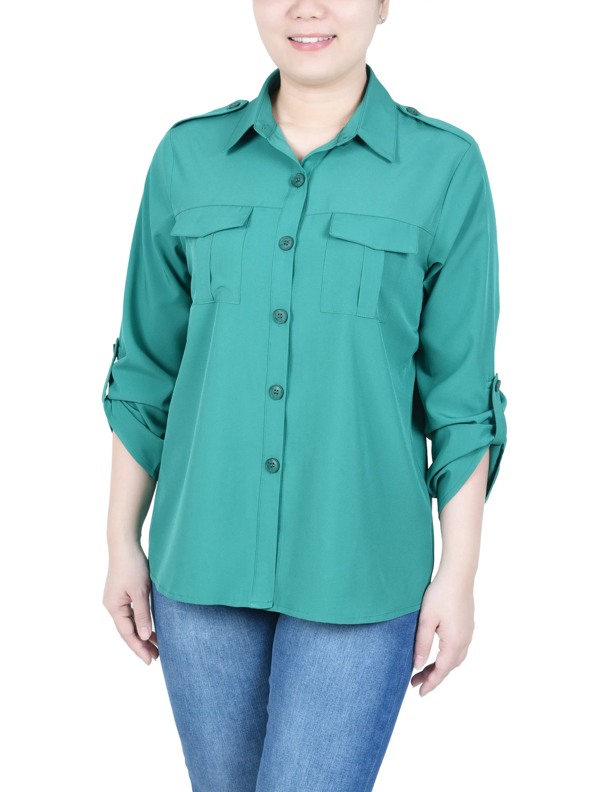 Blouse Petite à Manches 3/4 avec Boutons Roulés