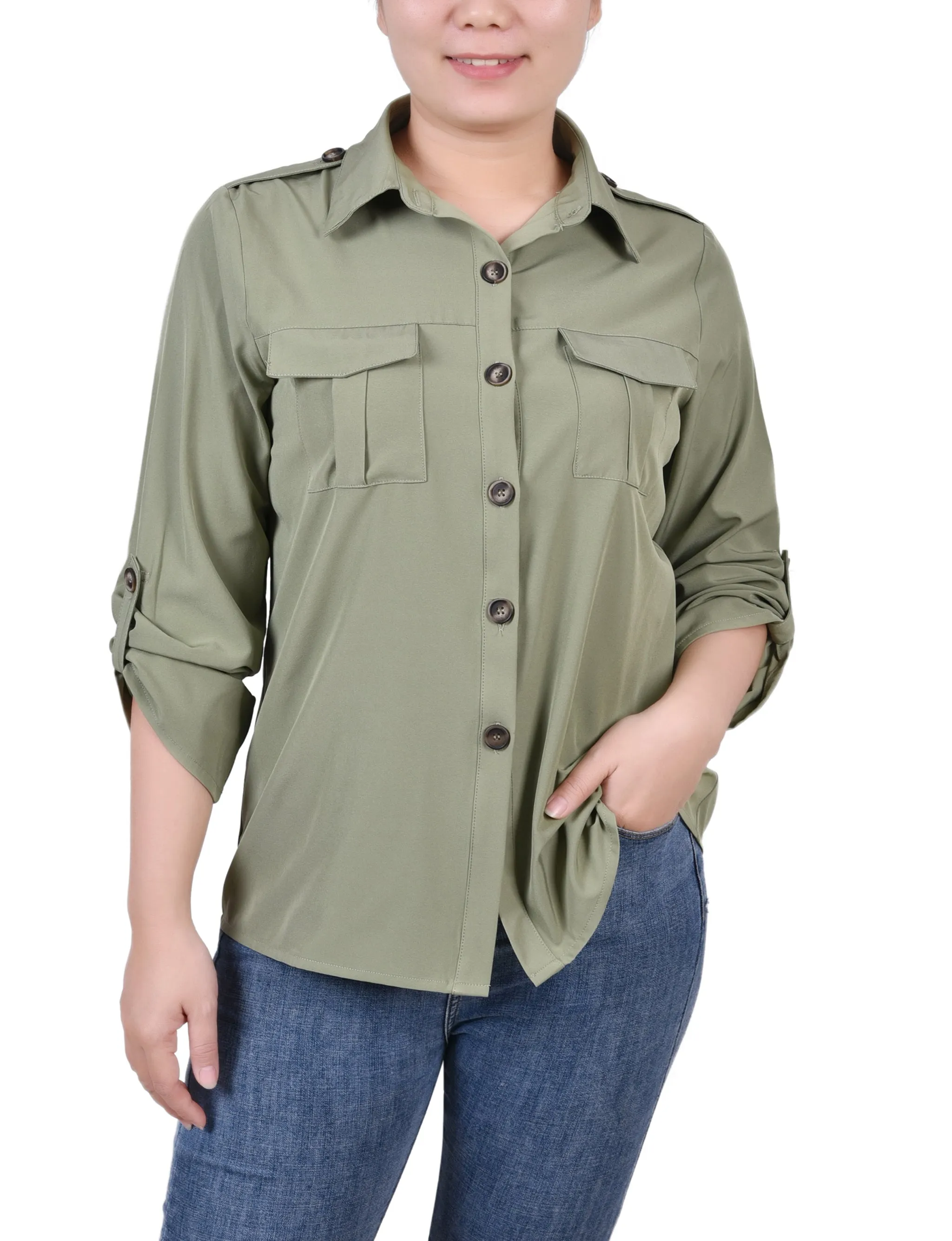 Blouse Petite à Manches 3/4 avec Boutons Roulés