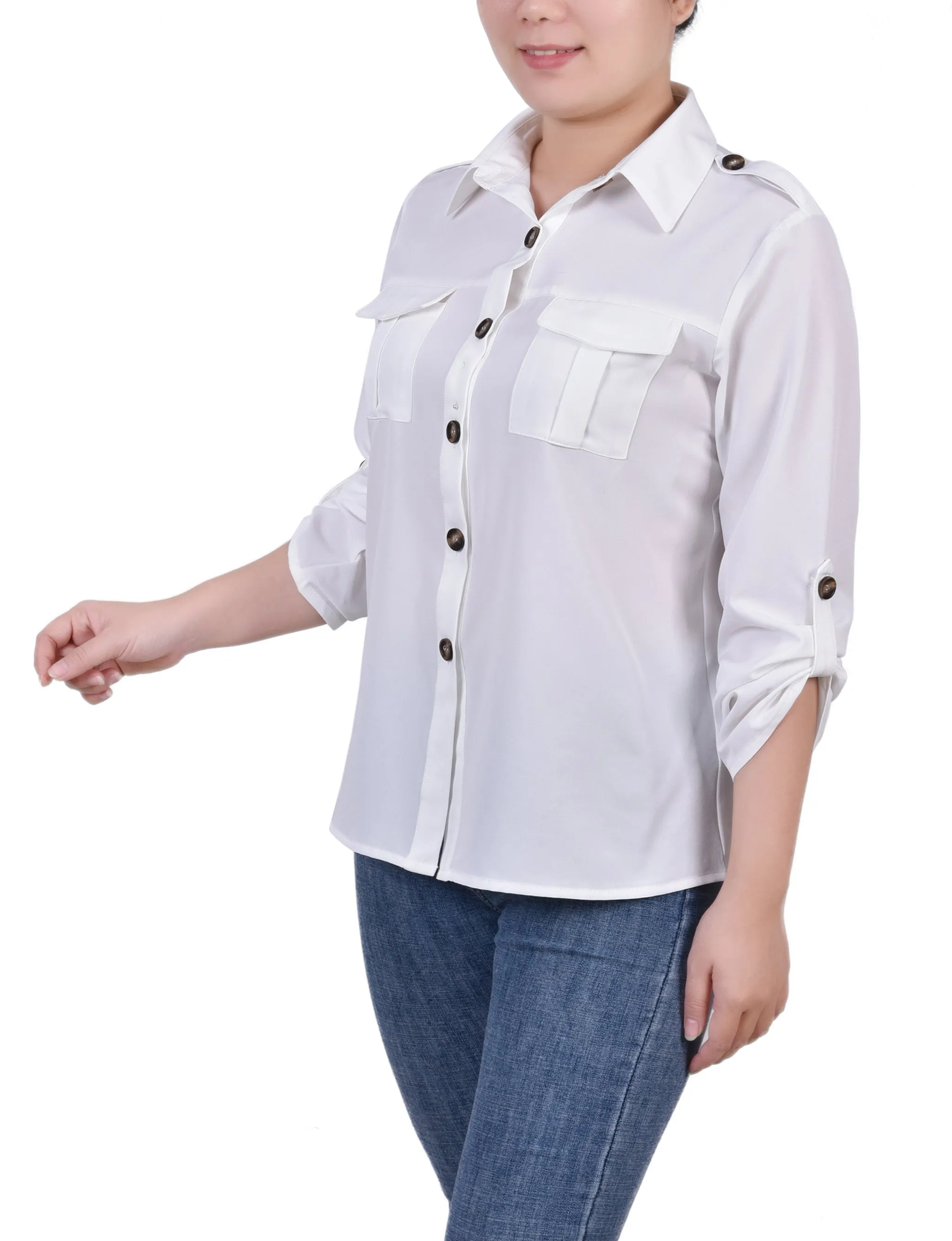 Blouse Petite à Manches 3/4 avec Boutons Roulés