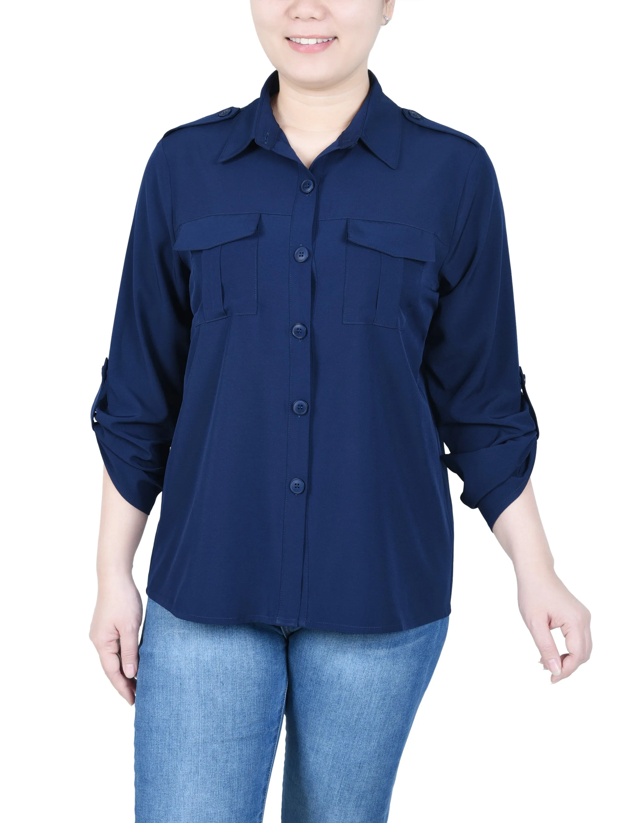 Blouse Petite à Manches 3/4 avec Boutons Roulés