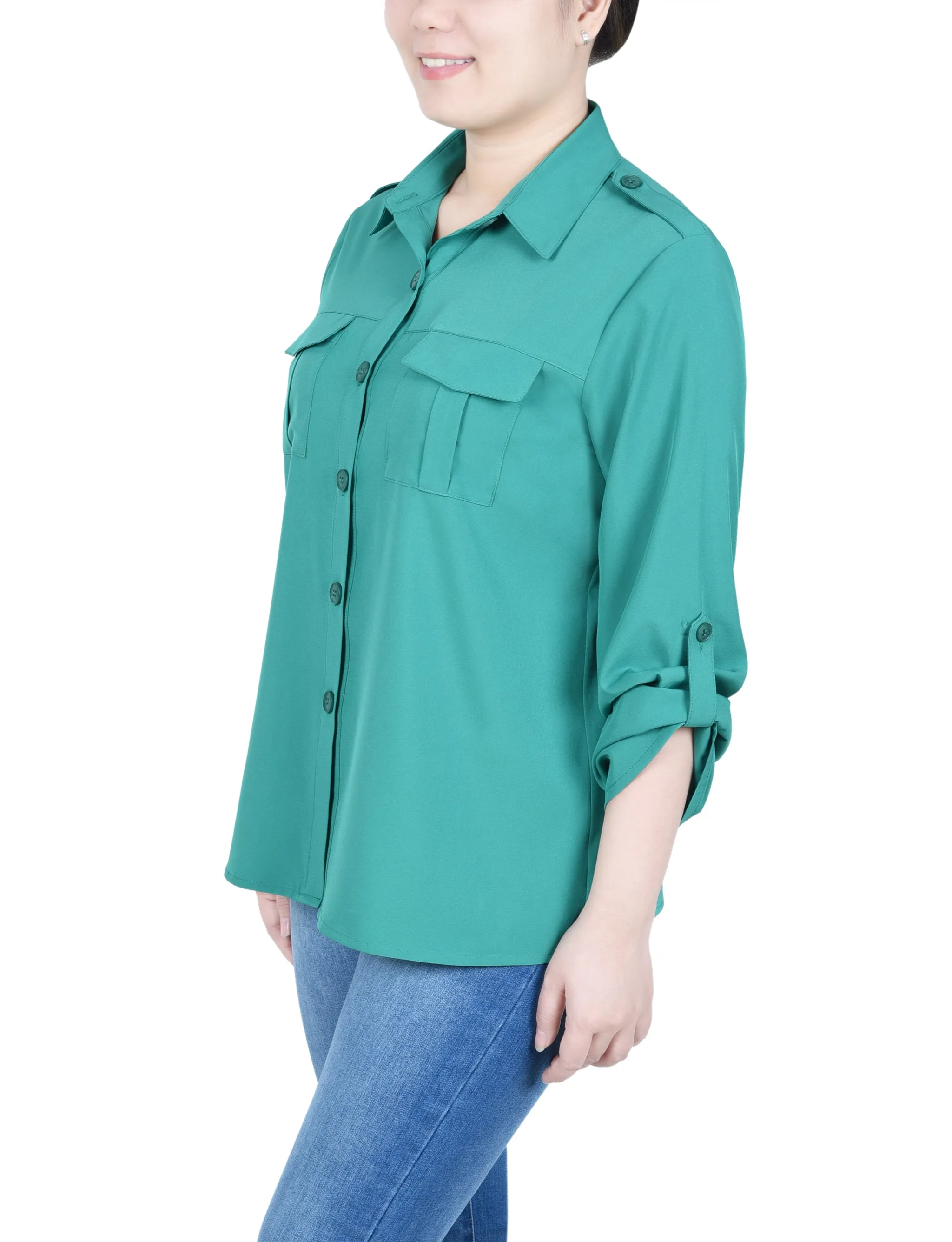 Blouse Petite à Manches 3/4 avec Boutons Roulés