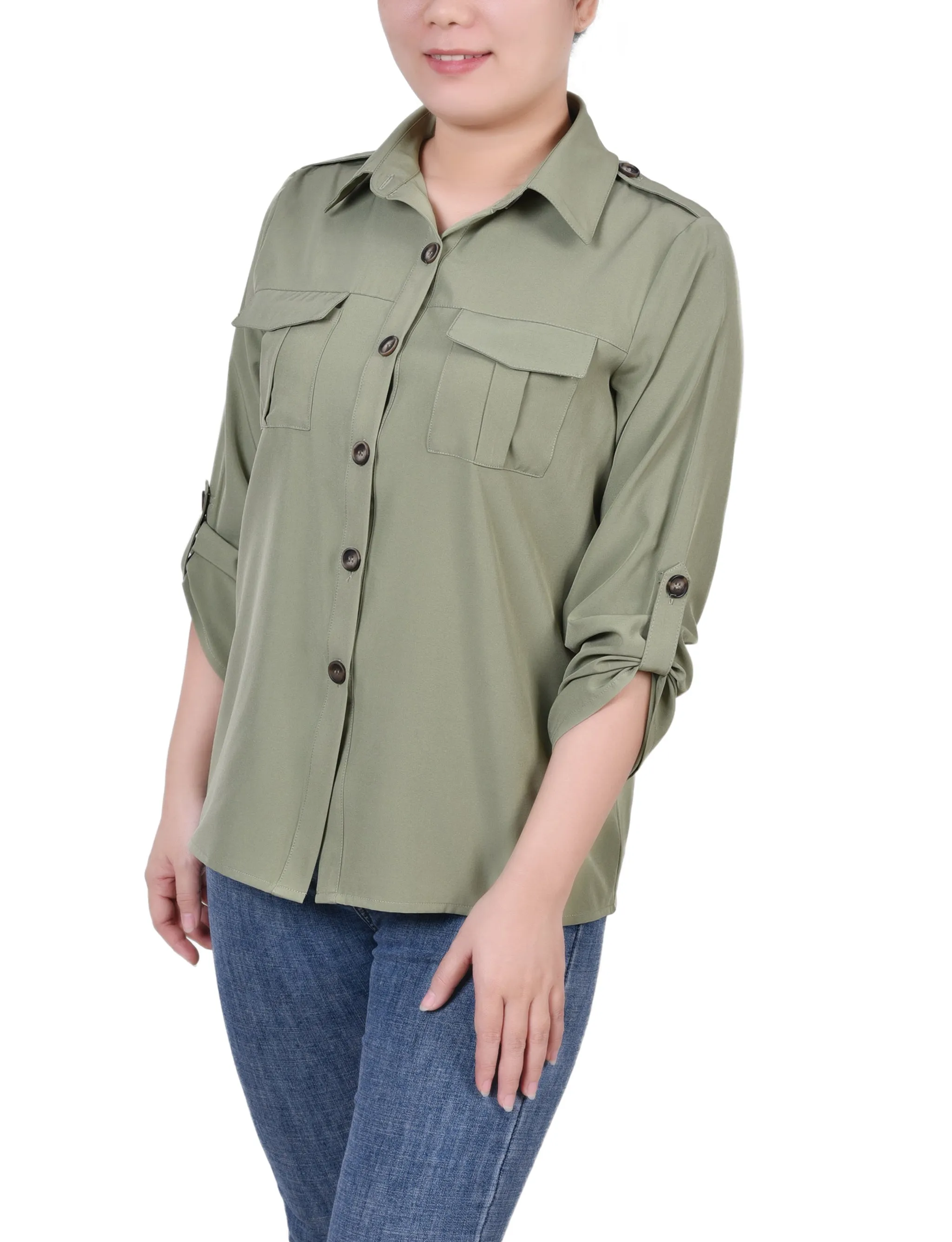 Blouse Petite à Manches 3/4 avec Boutons Roulés