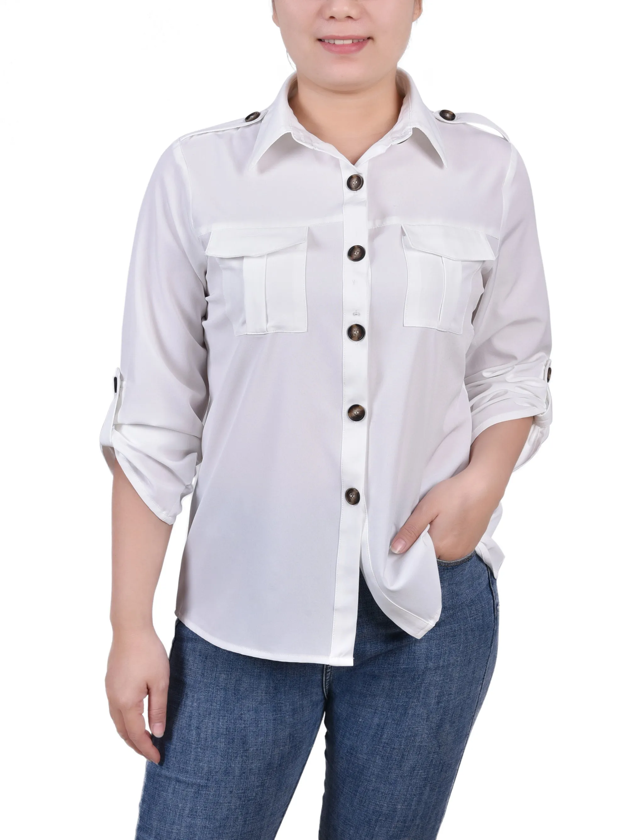 Blouse Petite à Manches 3/4 avec Boutons Roulés