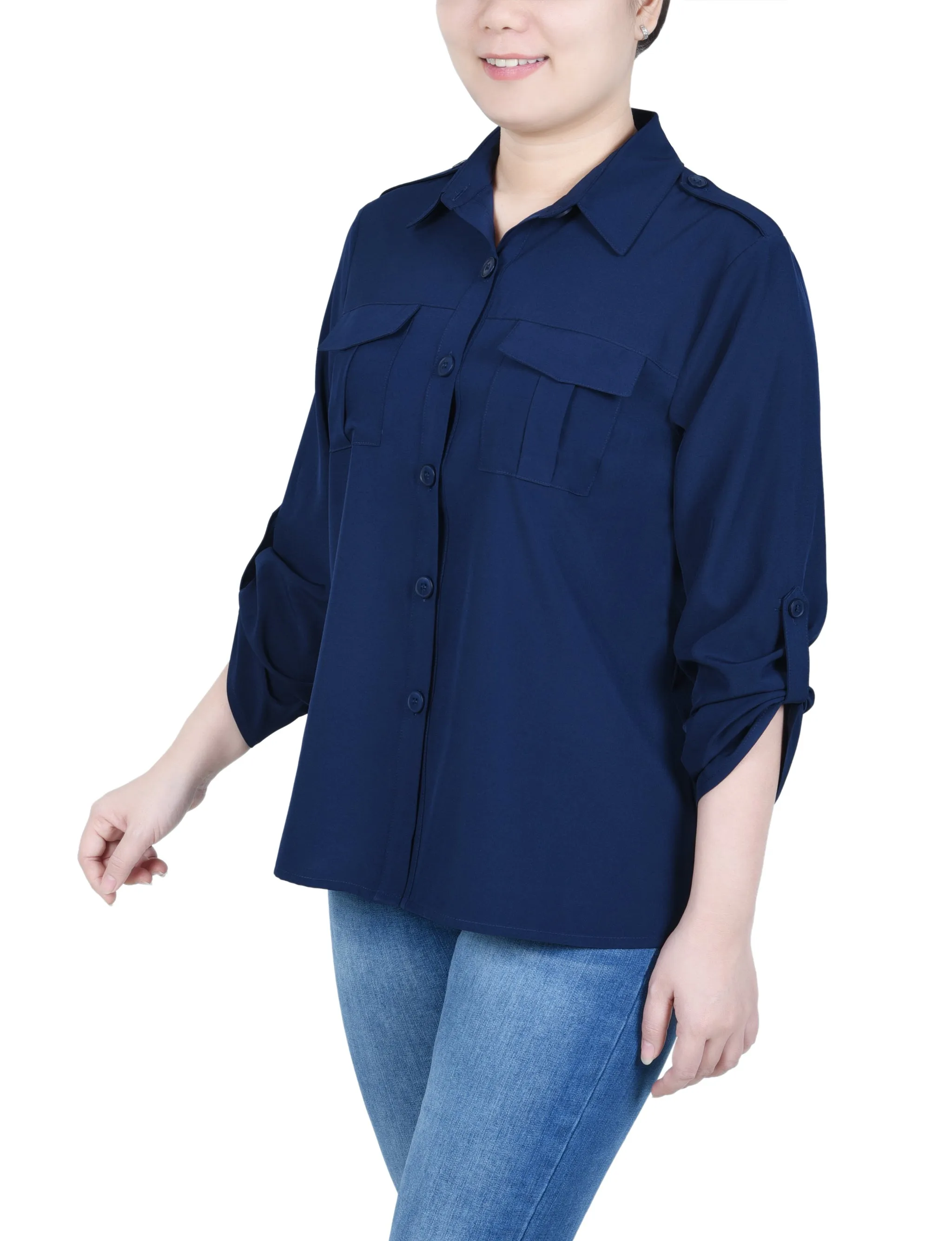 Blouse Petite à Manches 3/4 avec Boutons Roulés