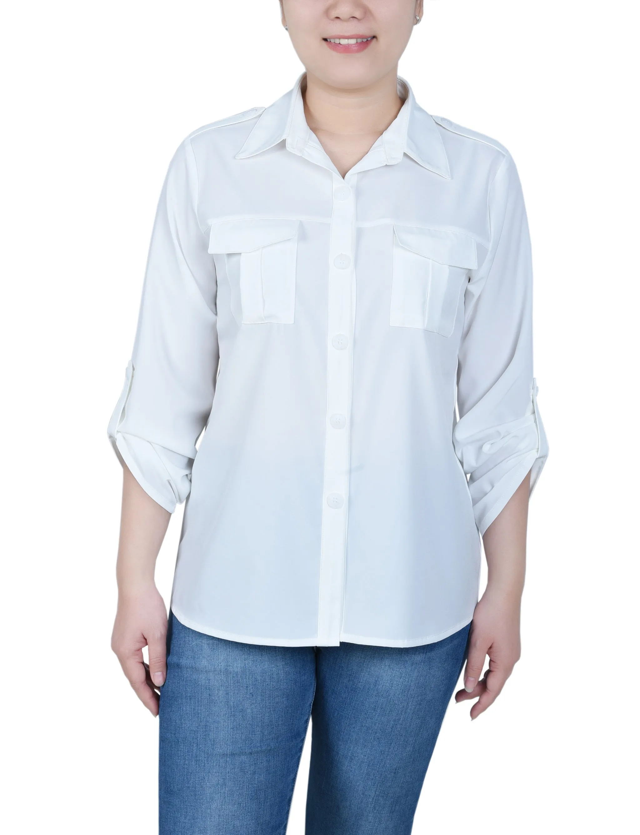 Blouse Petite à Manches 3/4 avec Boutons Roulés