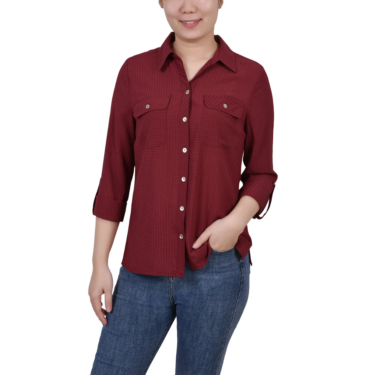 Blouse à carreaux à manches 3/4