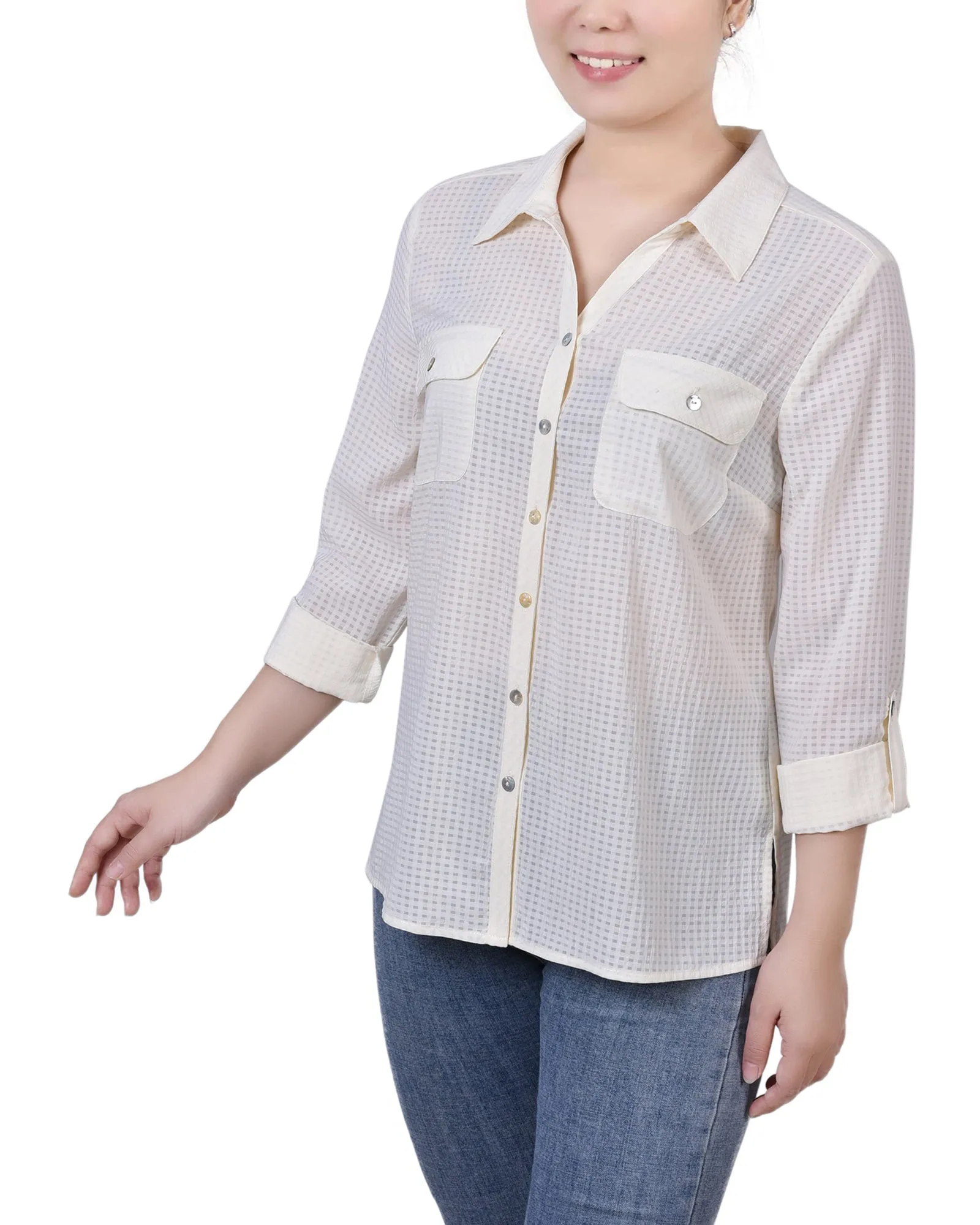 Blouse à carreaux à manches 3/4