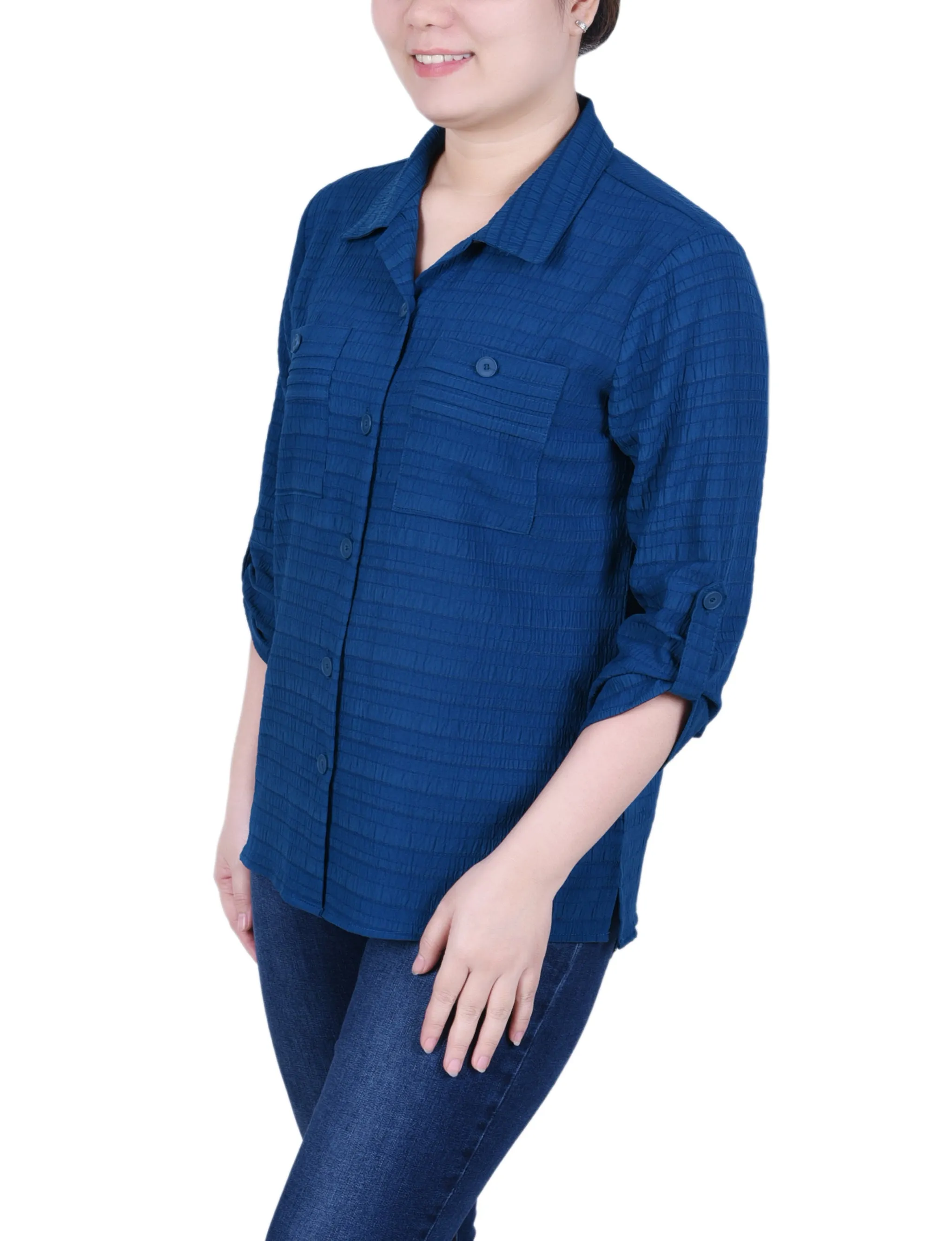 Blouse Jacquard Tissée 3/4 Manches Courtes