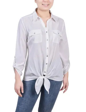 Petite Long Roll Tab Sleeve Tie Front Blouse