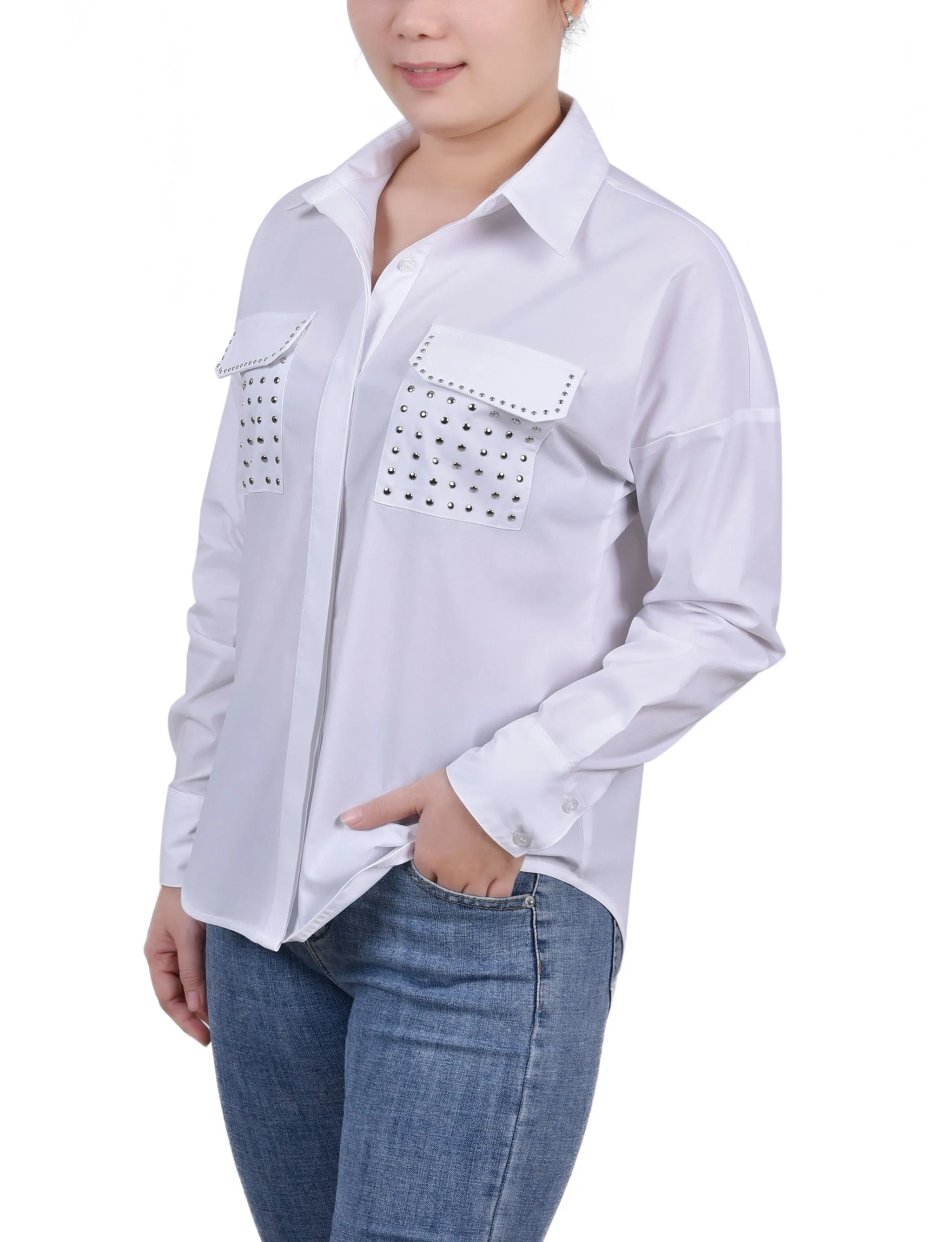 Petite Blouse à Manches Longues avec Plaque Dissimulée et Clous