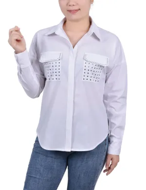 Petite Long Sleeve Hidden Placket Blouse With Studs