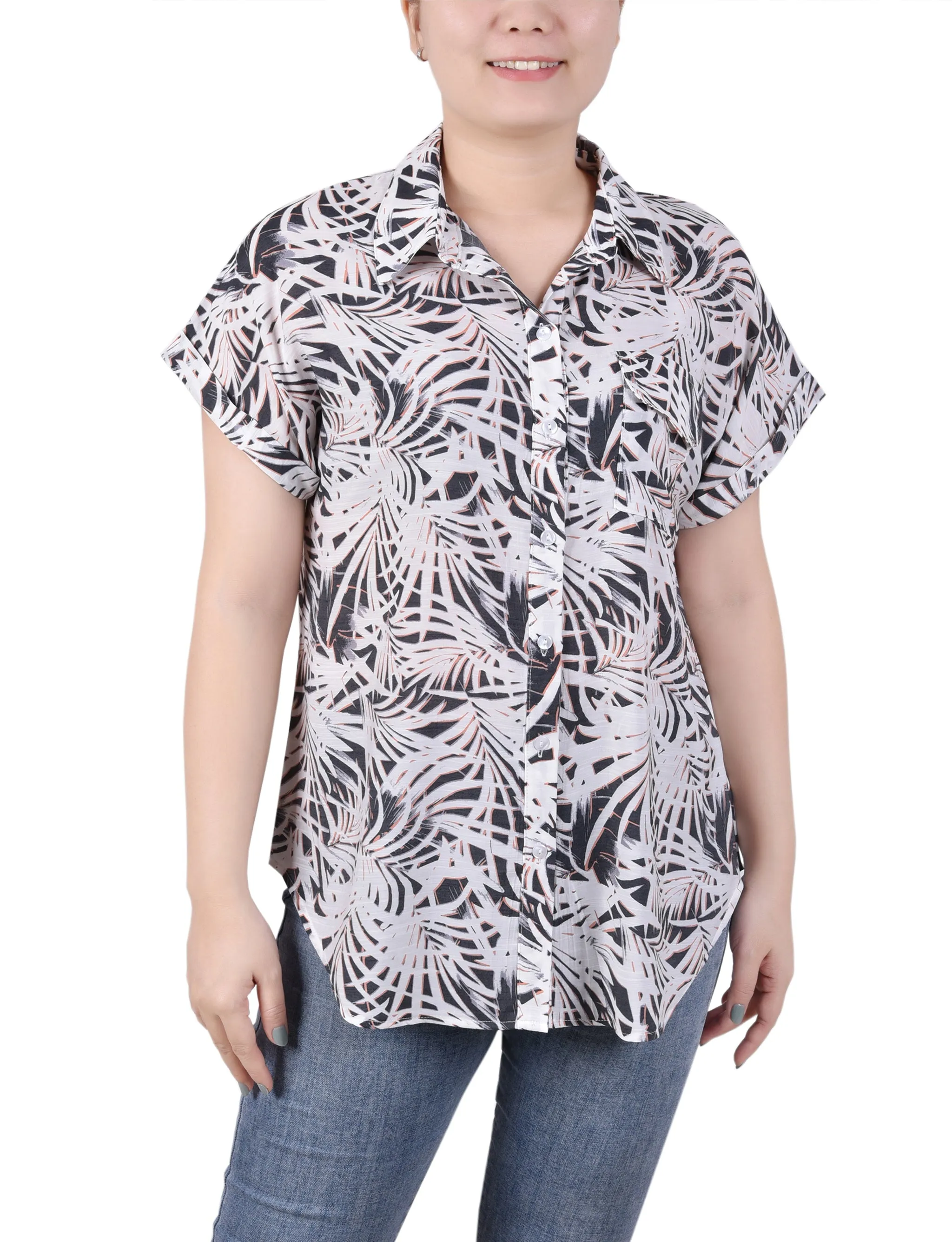 Petite Blouse à Boutonnage Devant avec Manches Courtes Relevées