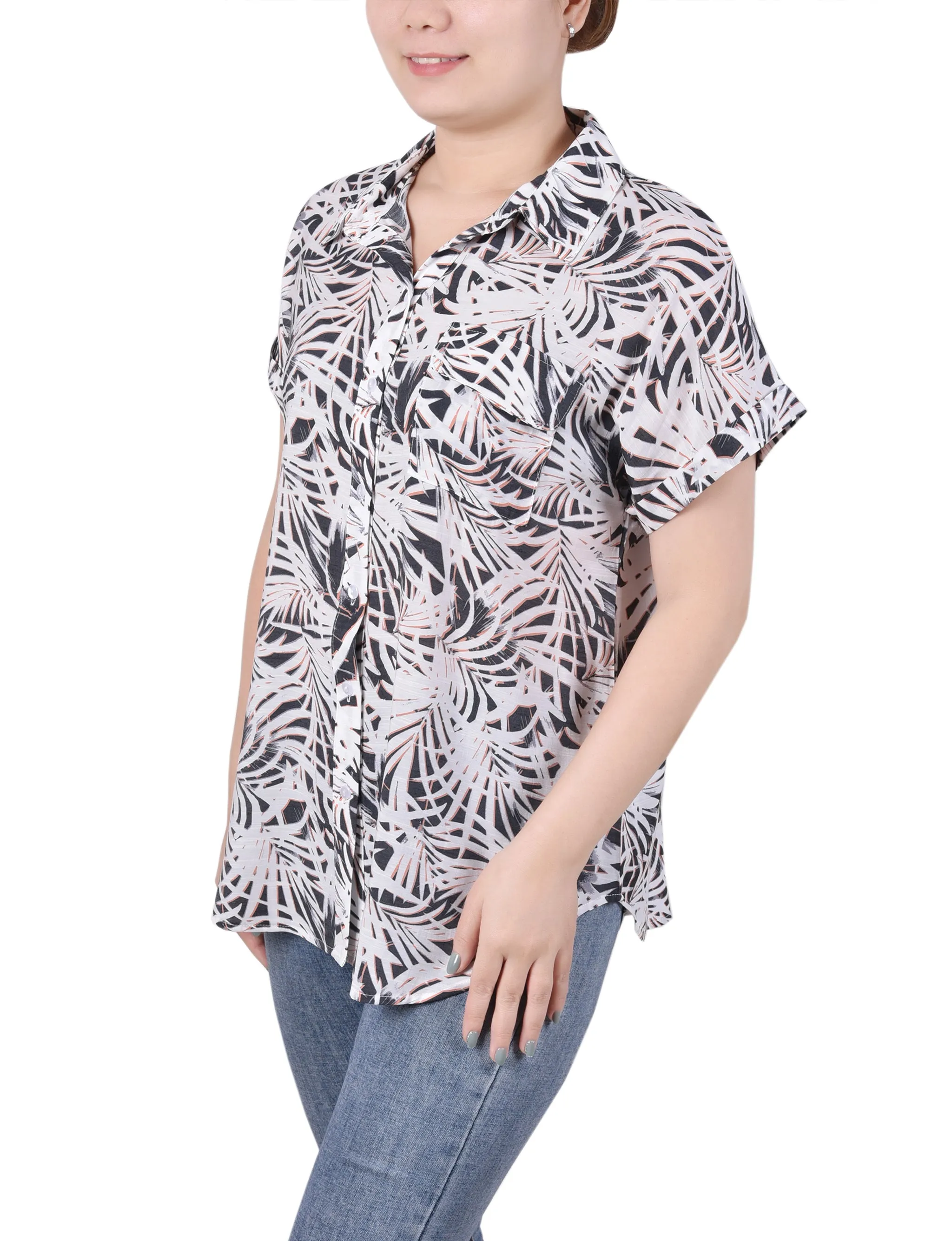 Petite Blouse à Boutonnage Devant avec Manches Courtes Relevées