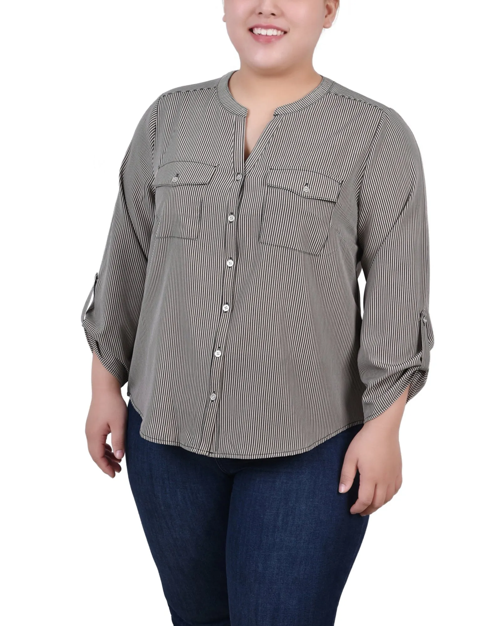 Blouse Y-Neck à manches 3/4 roulées pour Grandes Tailles