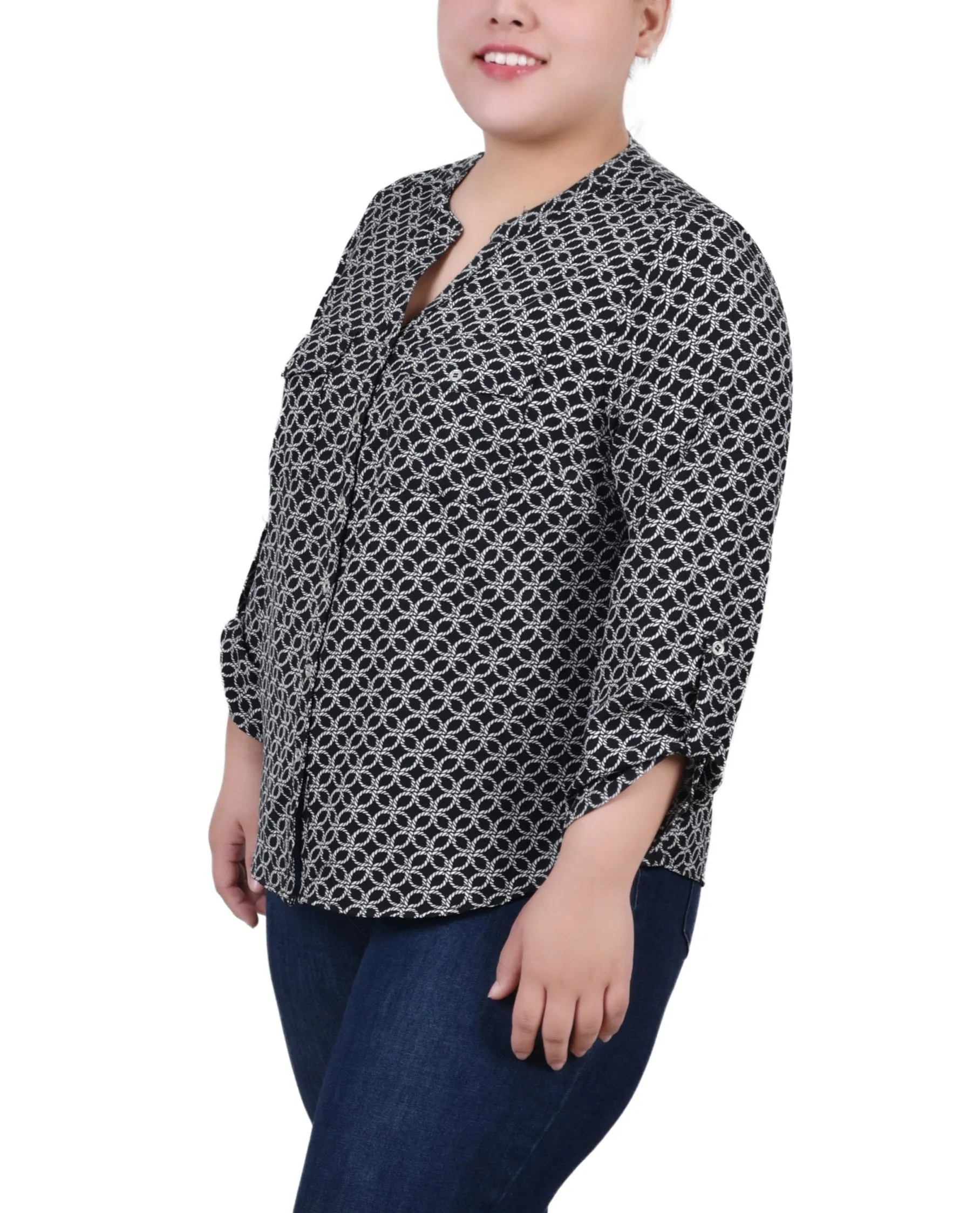 Blouse Y-Neck à manches 3/4 roulées pour Grandes Tailles