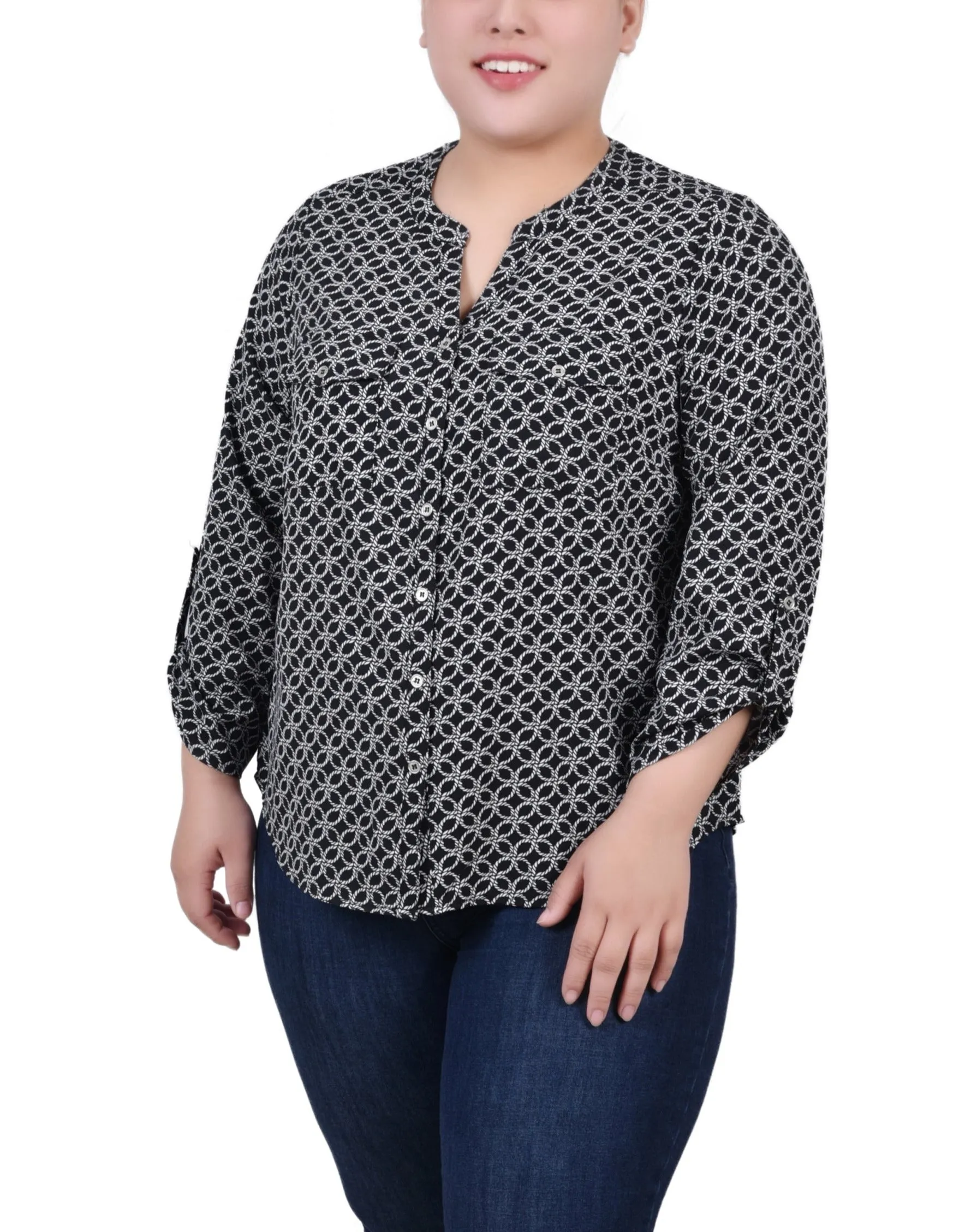 Blouse Y-Neck à manches 3/4 roulées pour Grandes Tailles