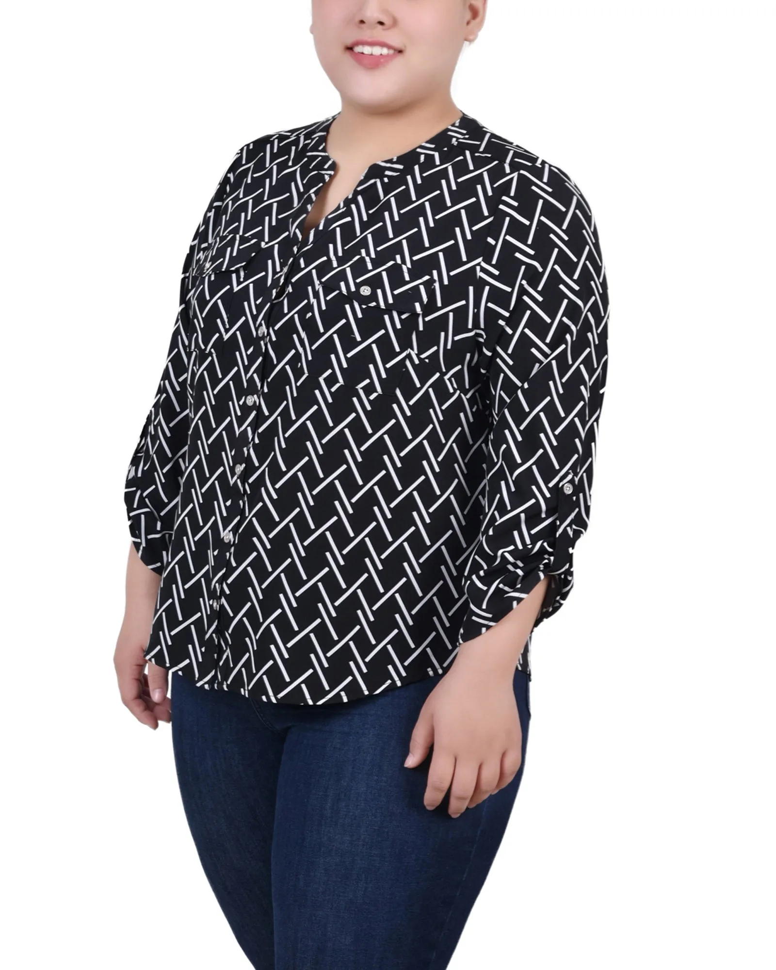 Blouse Y-Neck à manches 3/4 roulées pour Grandes Tailles