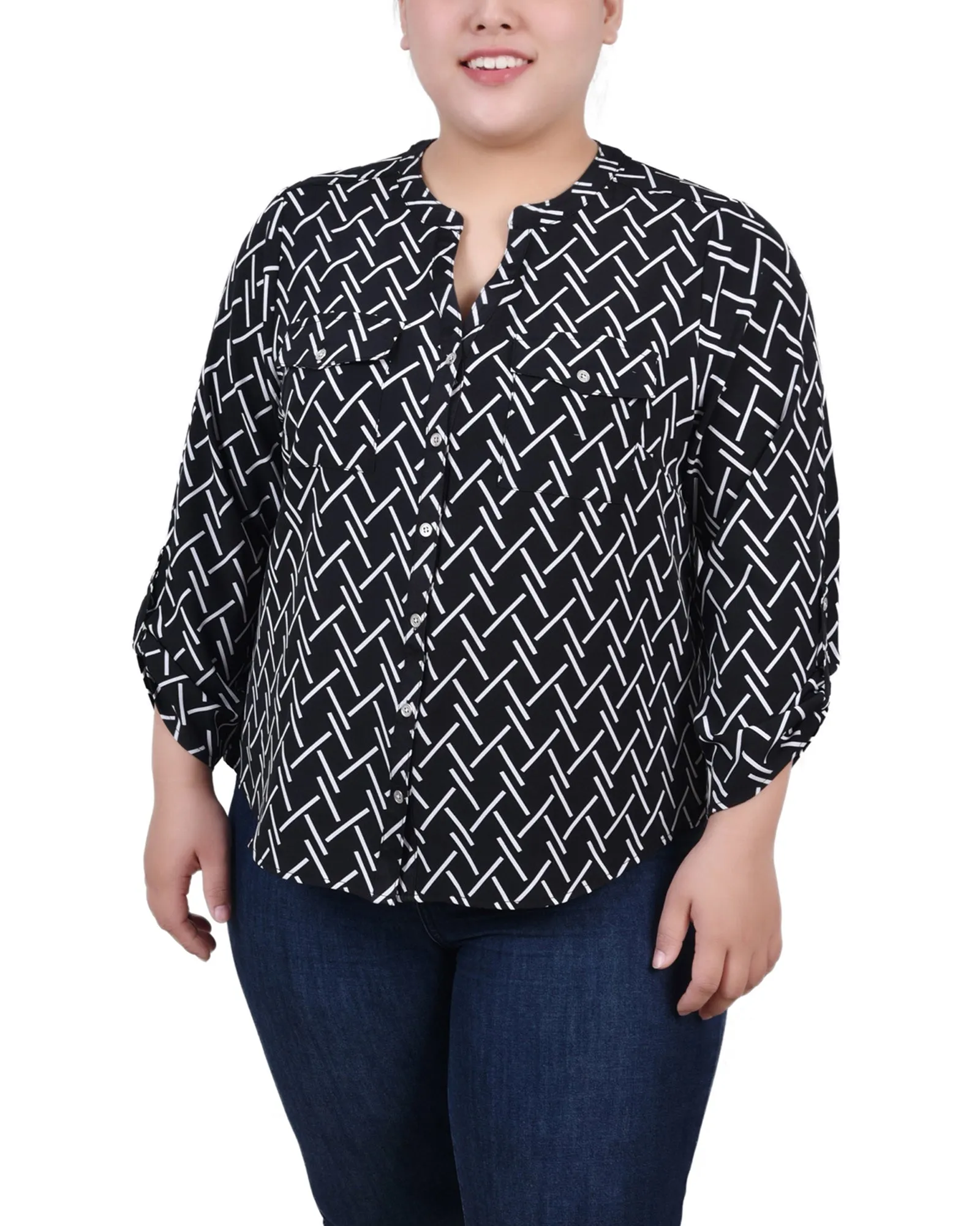 Blouse Y-Neck à manches 3/4 roulées pour Grandes Tailles