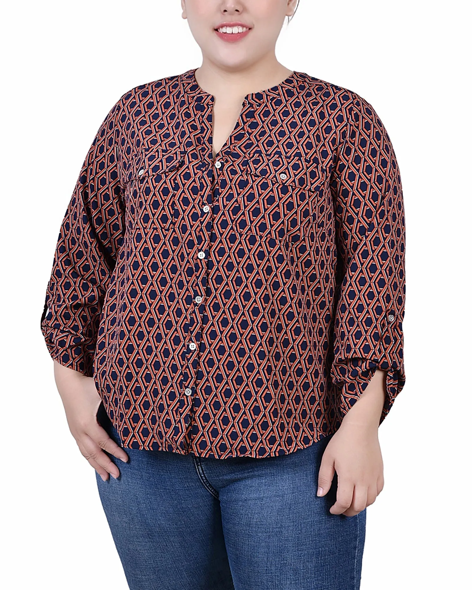 Blouse Y-Neck à manches 3/4 roulées pour Grandes Tailles