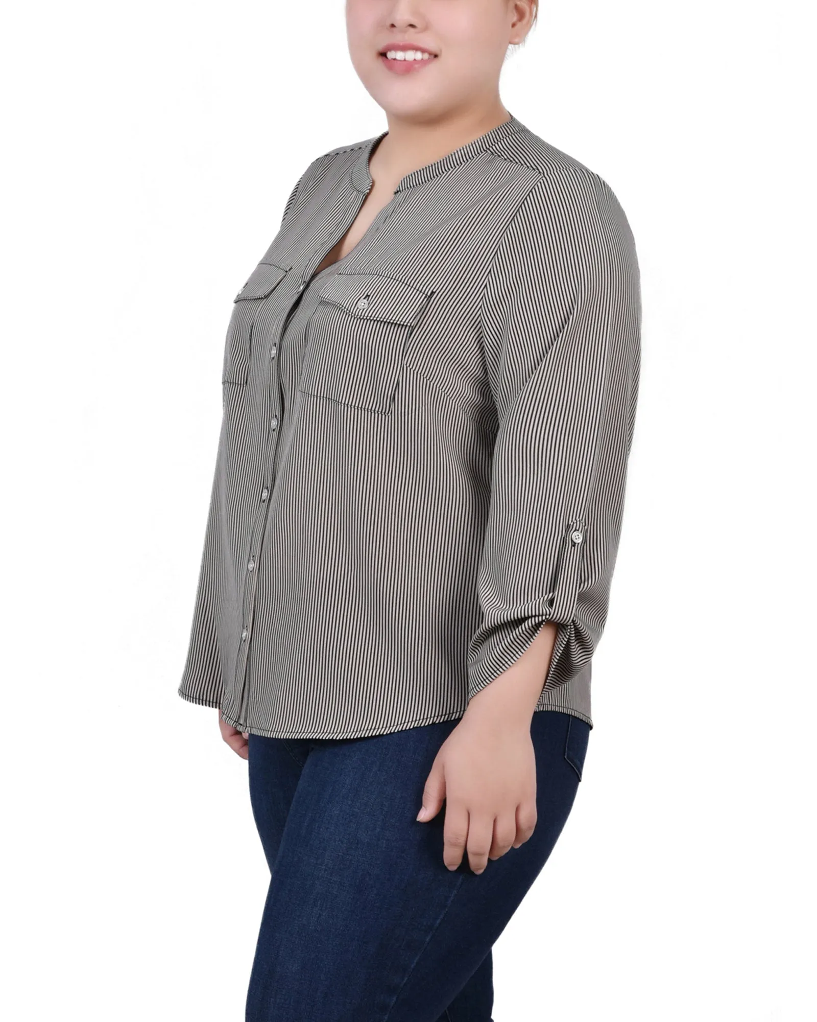 Blouse Y-Neck à manches 3/4 roulées pour Grandes Tailles