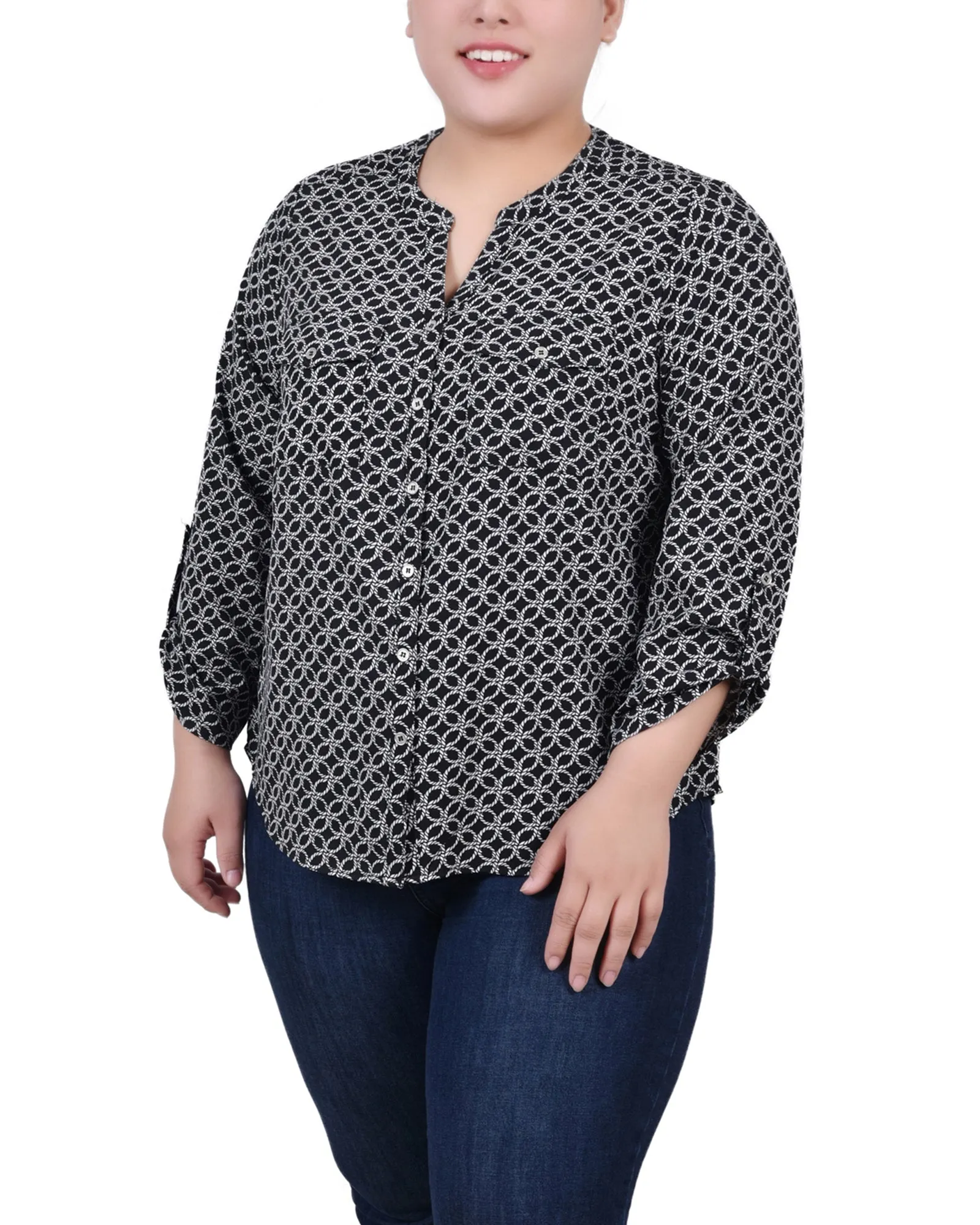 Blouse Y-Neck à manches 3/4 roulées pour Grandes Tailles